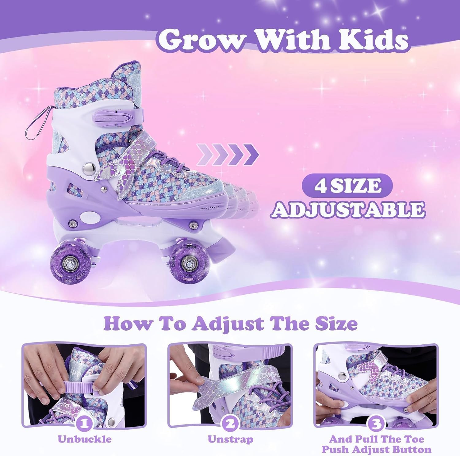 TOMSHOO Rollschuhe für Mädchen, Rollschuhe Mädchen 4 Größen Verstellbar, Kinder Rollschuhe mit 8 LED-Rädern, Bequem & Atmungsaktiv, Roller Skates mit Mehreren Schutzschichten, Geeignet für Anfänger