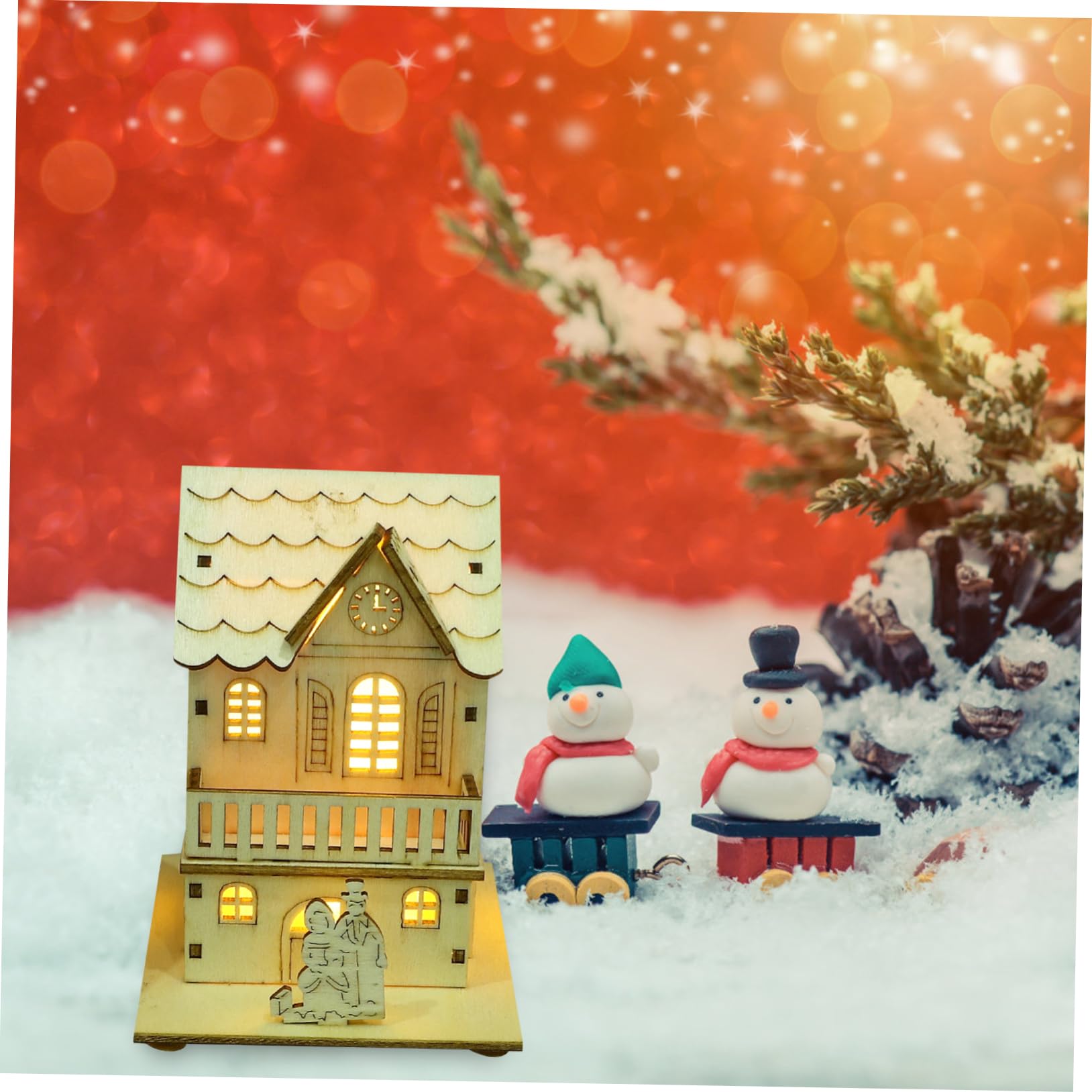 COLLBATH Decorazioni Natalizie Luminose in Legno Resistenti Per Ambienti Interni, Set 3 Pezzi Di Casette Luminose Design Festivo, Per Soggiorno, Negozi e Feste Di Natale