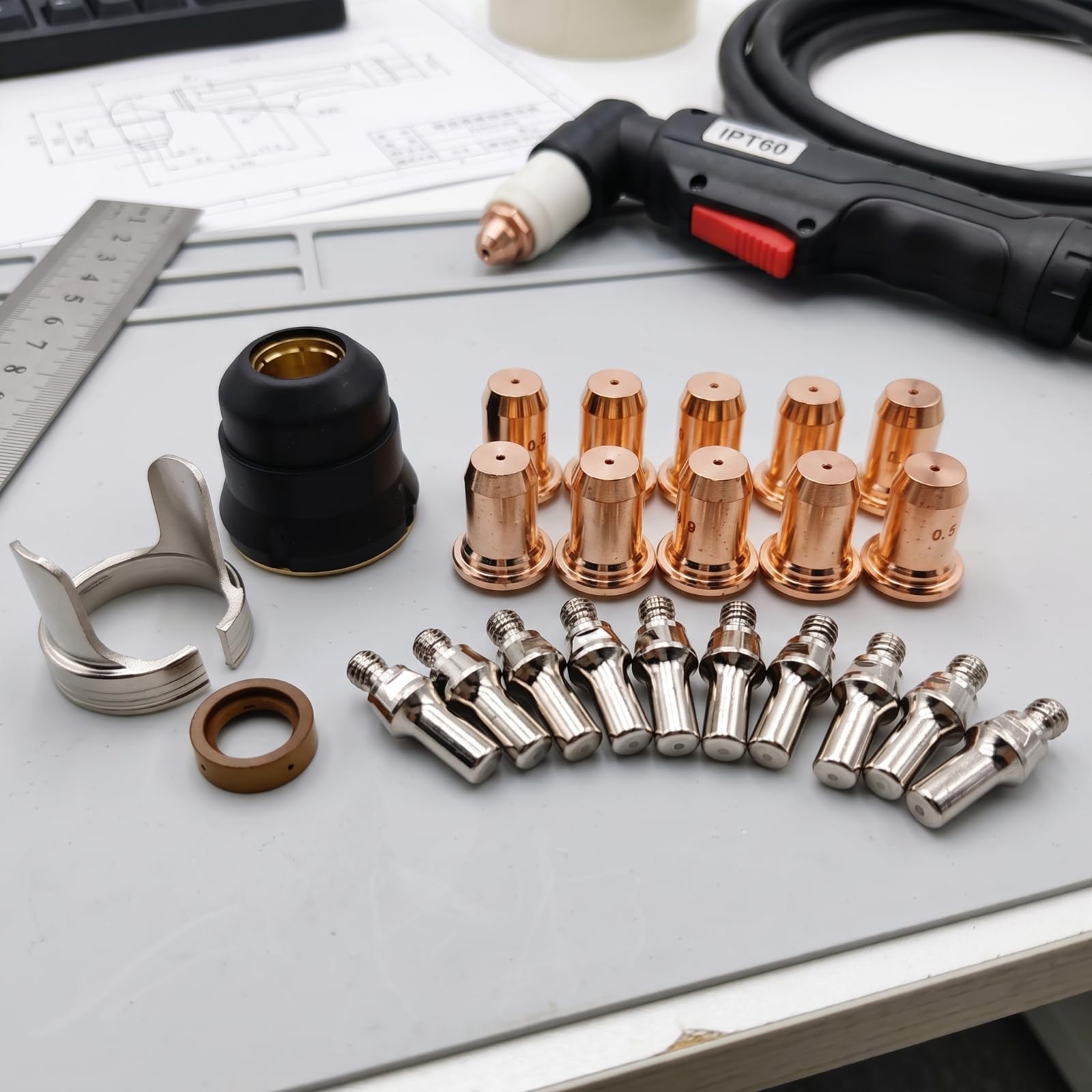 23 Pezzi Consumo Torcia Ricambi per Taglio Ugello Elettrodo Cappuccio E Distanziale in Rame con Finitura Metallizzata Adatto per Officina Fabbro Carrozzeria