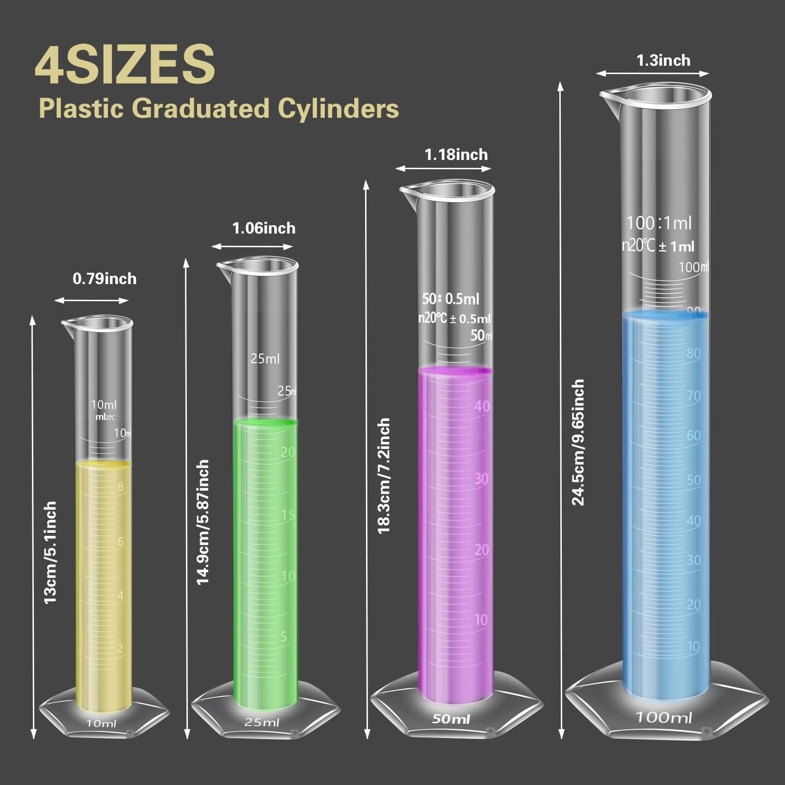 Probeta de Laboratorio para Ciencias, Juego de Cilindros graduados de plástico de 10 a 100 ml con 4 pipetas, 1 Embudo y 2 cepillos, Paquete de 11(Color 16)