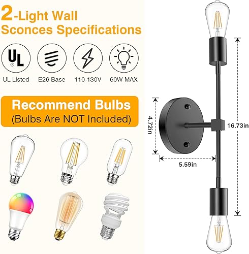 Miniatura 3 de Umtozz Paquete de 2 luces de tocador de baño de 2 luces sobre el espejo, moderna luz negra para espejo, apliques de iluminación de pared para