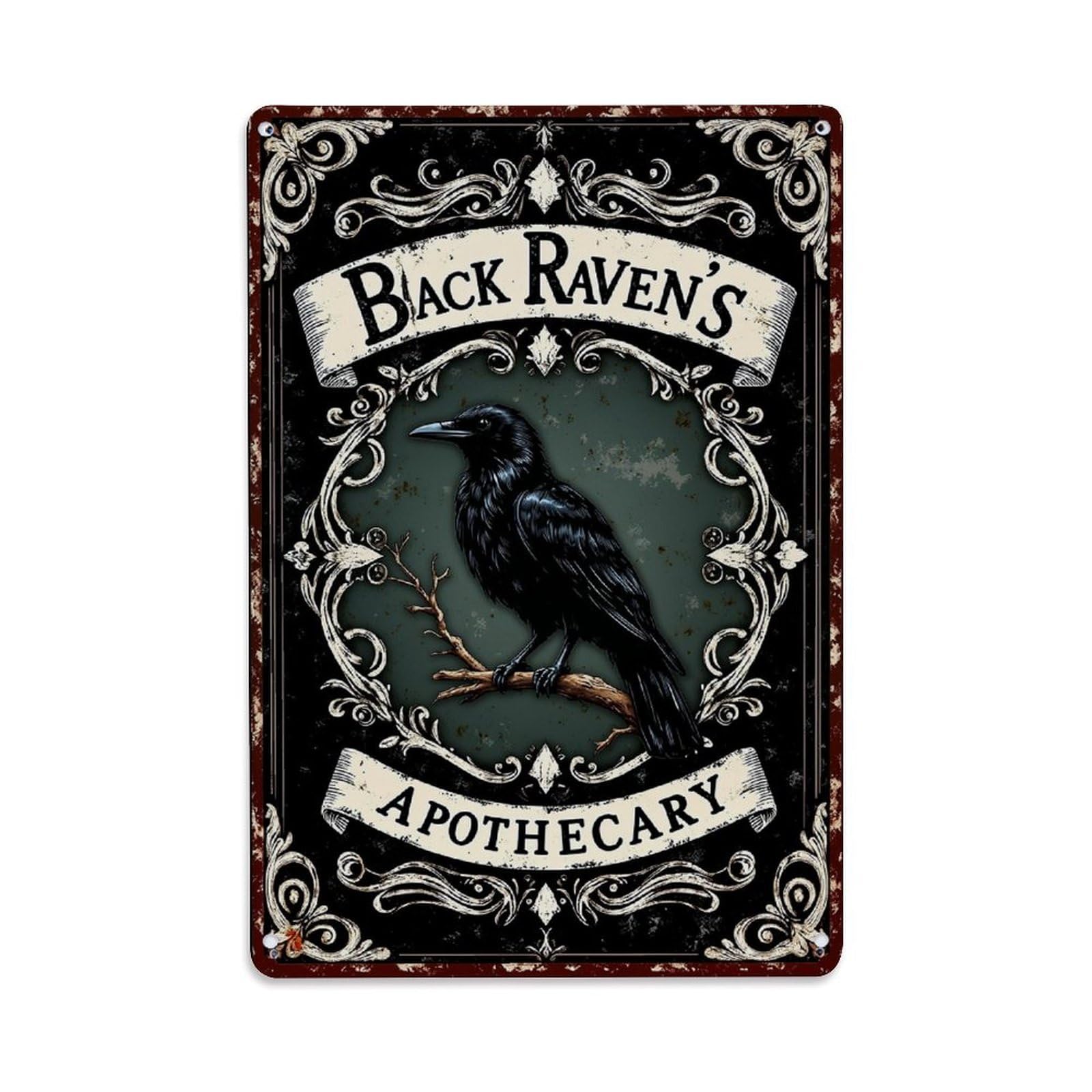 Black Raven Apothecary Sign Pattern Retro Metal Tin Sign, Vintage Decor Art Poster for Bar, Home, Man Cave, Kitchen, Laundry Room Gift 8x12Inch