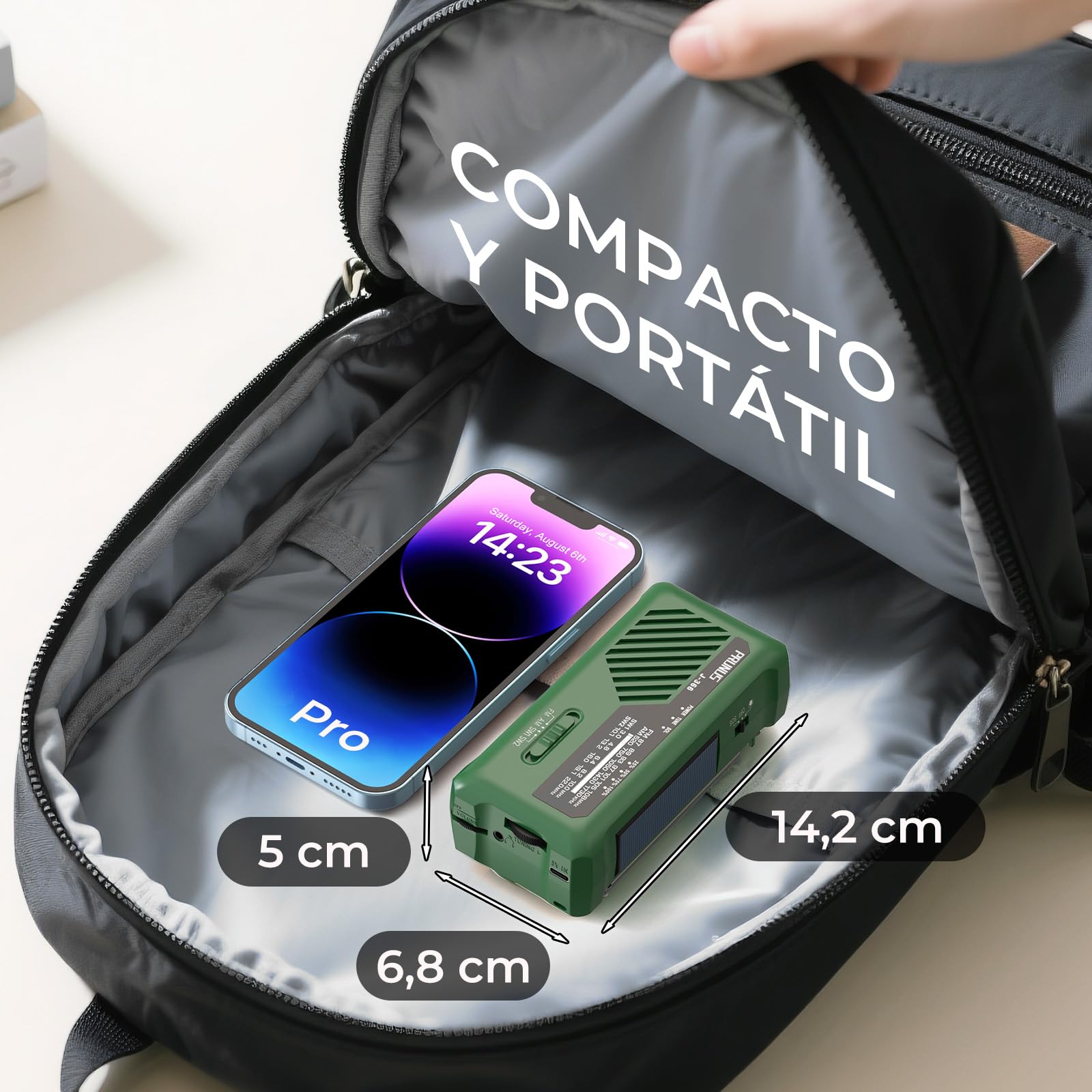 PRUNUS J-366 FM/Am/SW Radio Emergencia Solar Dinamo, Transistor Radio a Pilas AAA, Radios Portatil Pequeña Recargable con Banco Energía de 2000 mAh, Cable de Carga 3 en1, Linterna, Alarma SOS (Verde)