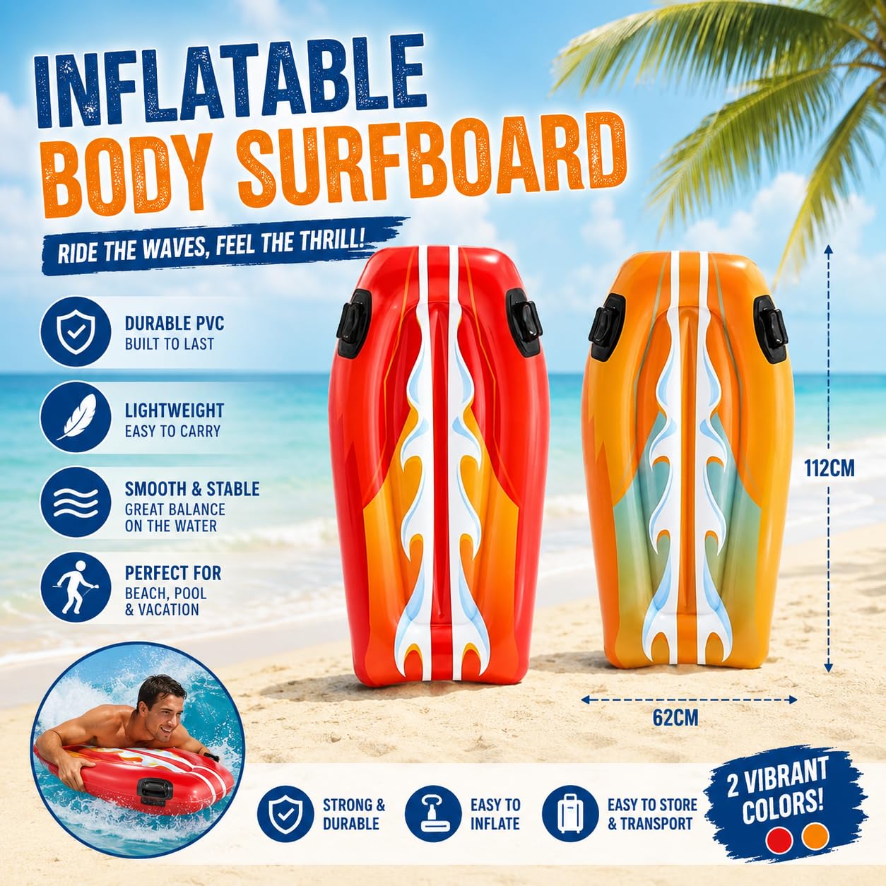 KidsZeeNie® Inflatable Surf Board Style Pool Float for Adults & Kids 6+ | Floating Lounger with Headrest & Grab Handles | Blow Up Water Rider Air Bed for Beach, Lake & Water Games | Pack of 1 2