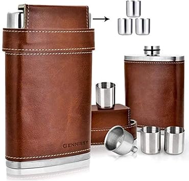 GENNISSY 8oz Hip Flask with Funnel - Stainless Steel with Leather Wrapped Cover and 100% Leak Proof