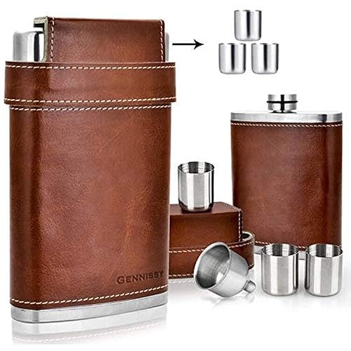 GENNISSY 8oz Hip Flask for Men - 304(18/8) Stainless Steel Bourbon Whiskey Flask, Leakproof with Brown Leather Wrap - Includes Funnel & 3 Mini Cups for Dad, Gifts, Travel