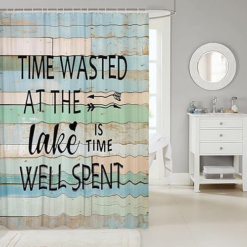 Miniatura 6 de Cortina de ducha de lago para niños, adolescentes, jóvenes, decoración de casa de lago, cortina de ducha de tela, barra de pesca náutica, juego de