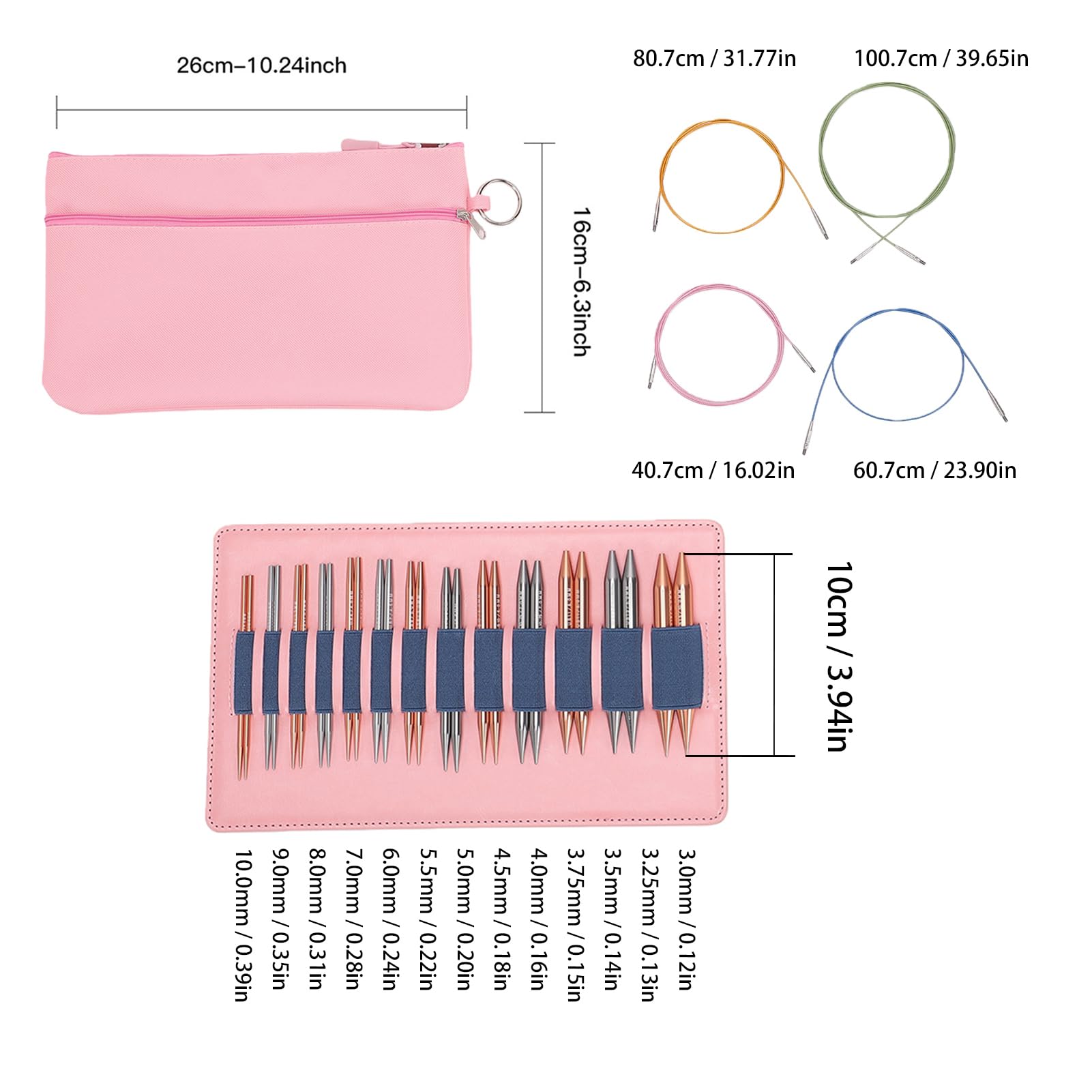 EMUKOEP Set Ferri Da Maglia Circolari, 13 Paia Aghi Intercambiabili In Alluminio Lunghi 10 Cm 3-10 Mm Con 4 Cavi, Per Maglioni Sciarpe Cappelli