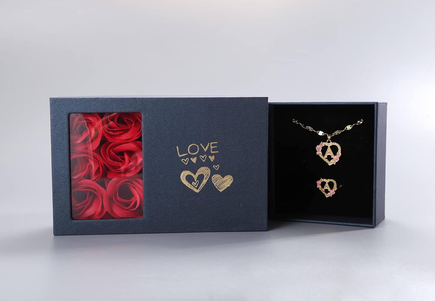 A Initial Necklaces for Girls Gold Letter M Heart Pendant Flower Necklaces Initial Rings with Rose Gift Box Set