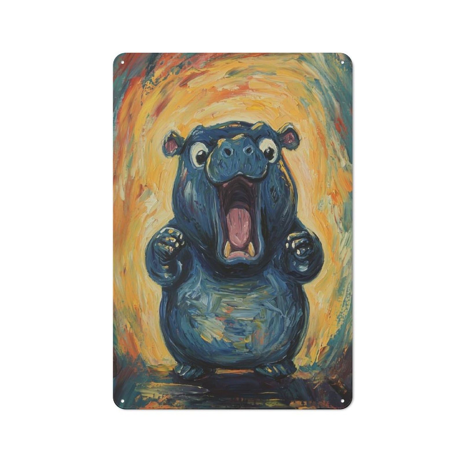 Junmoney Style-2 Screaming Hippo Painting Cottage Style Metal Wall Decor 30X20cm, Tin Wall Plaque For Kitchen, Cottage, Porch Or Garden Room