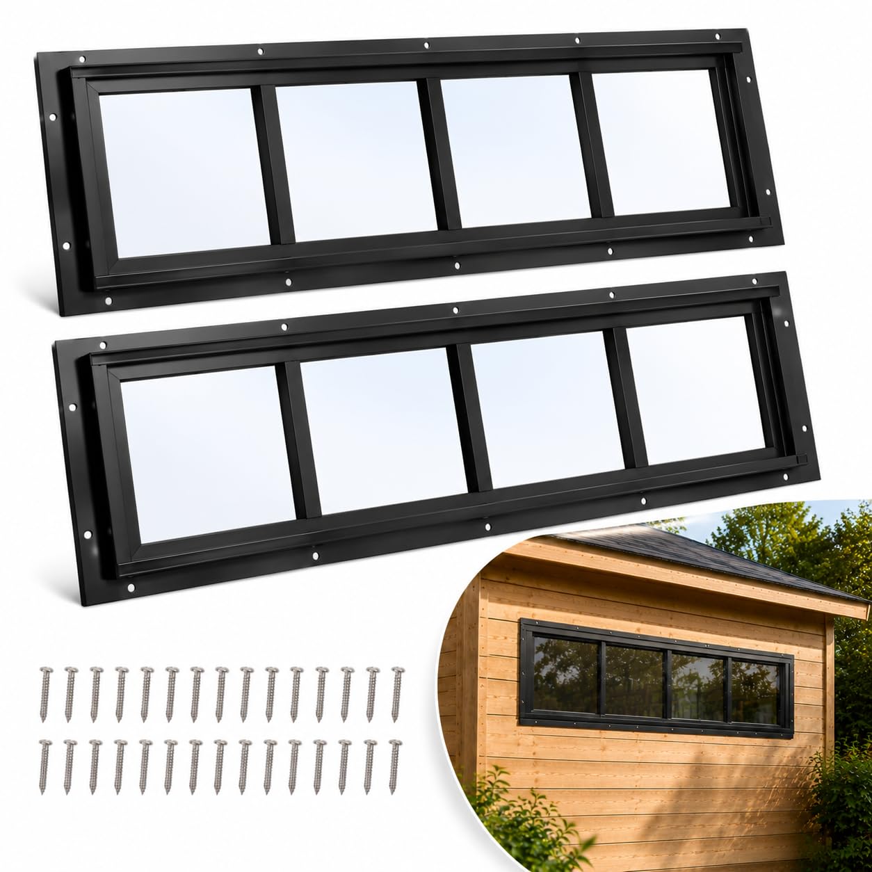 Pack de 2 ventanas fijas de vidrio templado negro para iluminar cobertizos y graneros