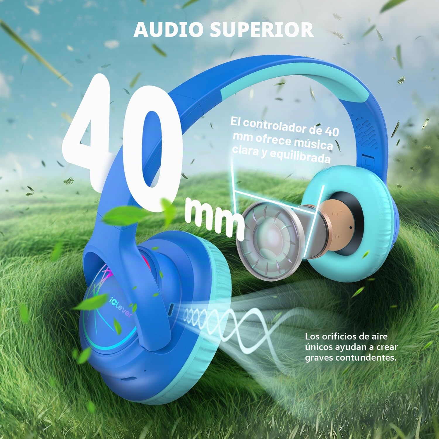 iClever Auriculares Bluetooth Niños con Luces LED 74/85/94dB Limitador de Volumen 43 Horas de reproducción Sonido Estéreo Tipo-C Bluetooth5.3 Auriculares para Niños para Tablet/Viaje Azul