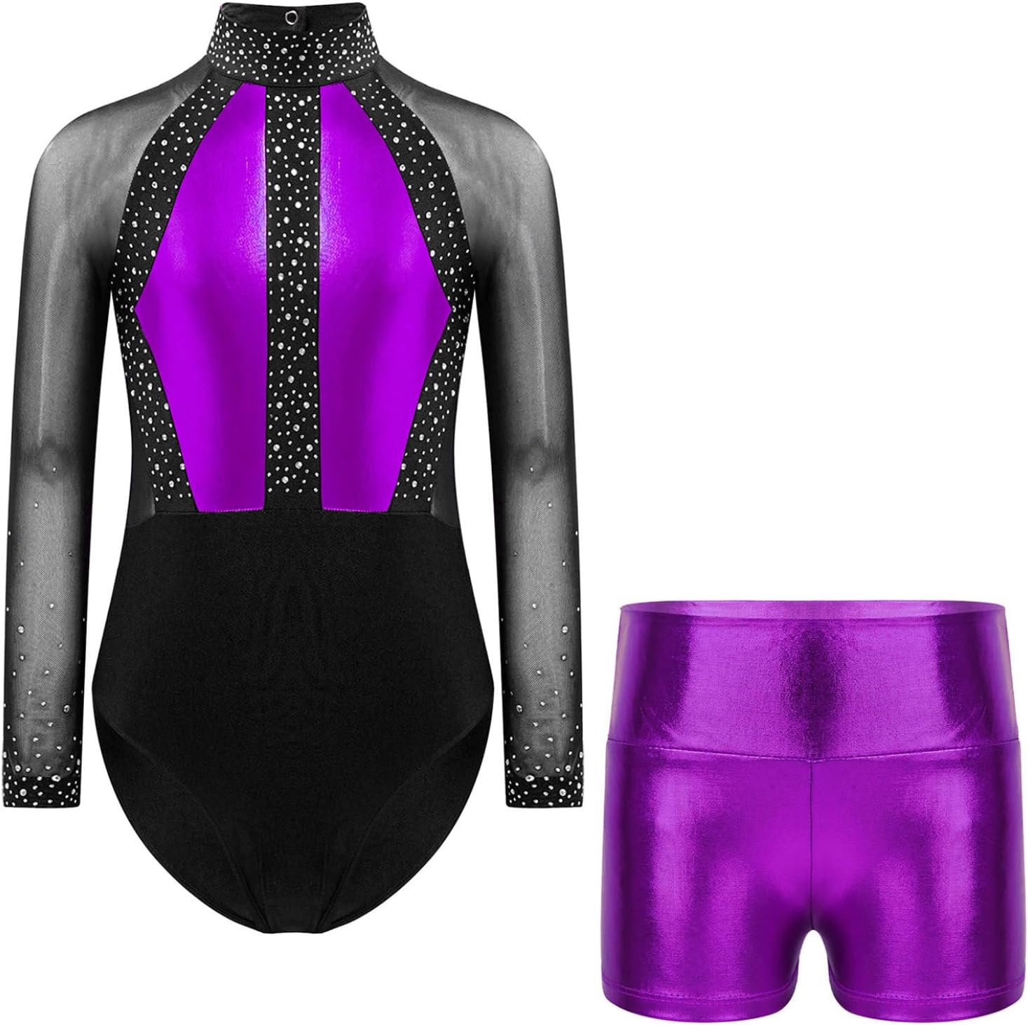 Girls Long Sleeves Shiny Rhinestones Mesh Patchwork Ballet Dance Leotard Gymnastics Figure Skating Bodysuit