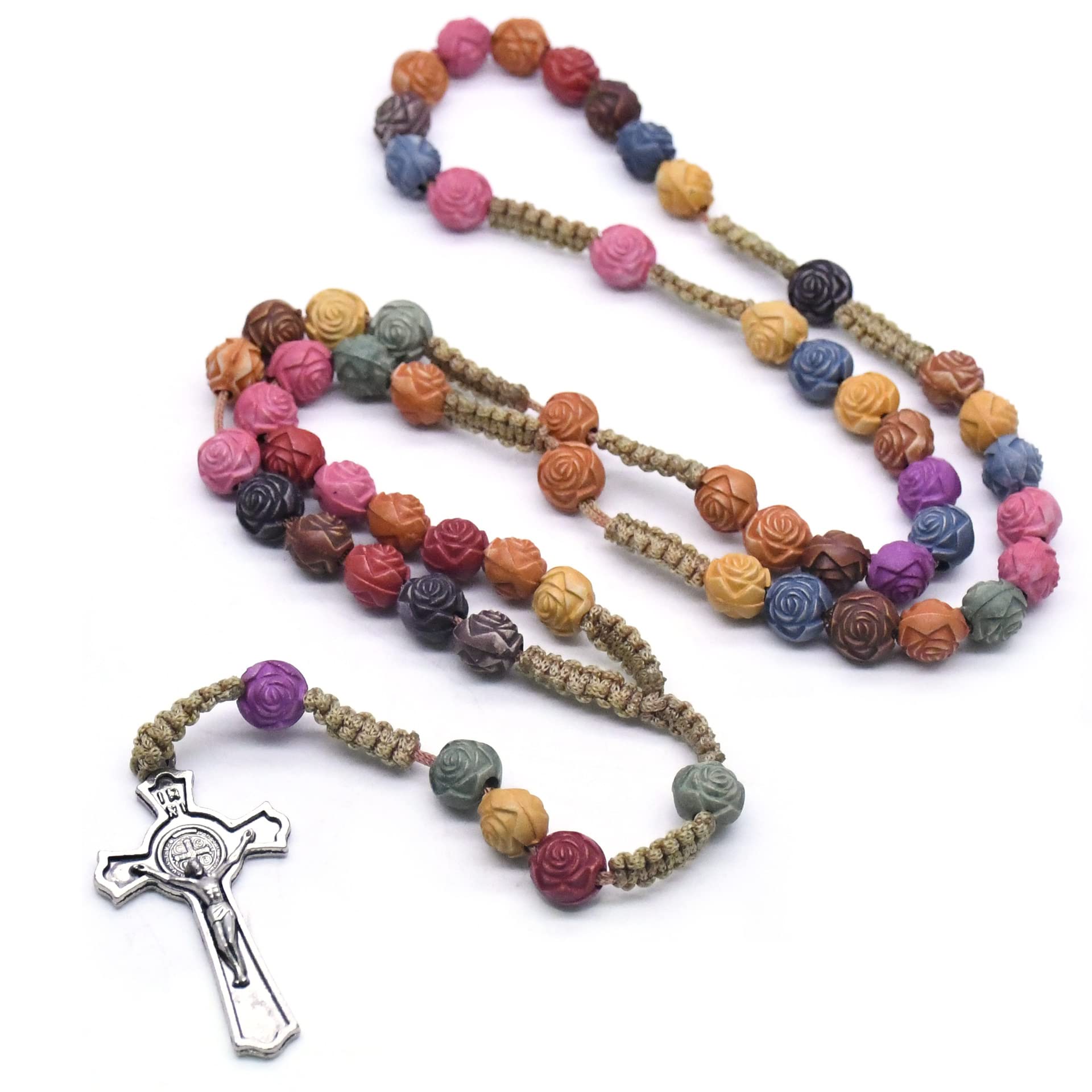 Rosario Cattolico Rotondo in Resina Colorata con Perline Fatte a Mano Croce Vintage Collana