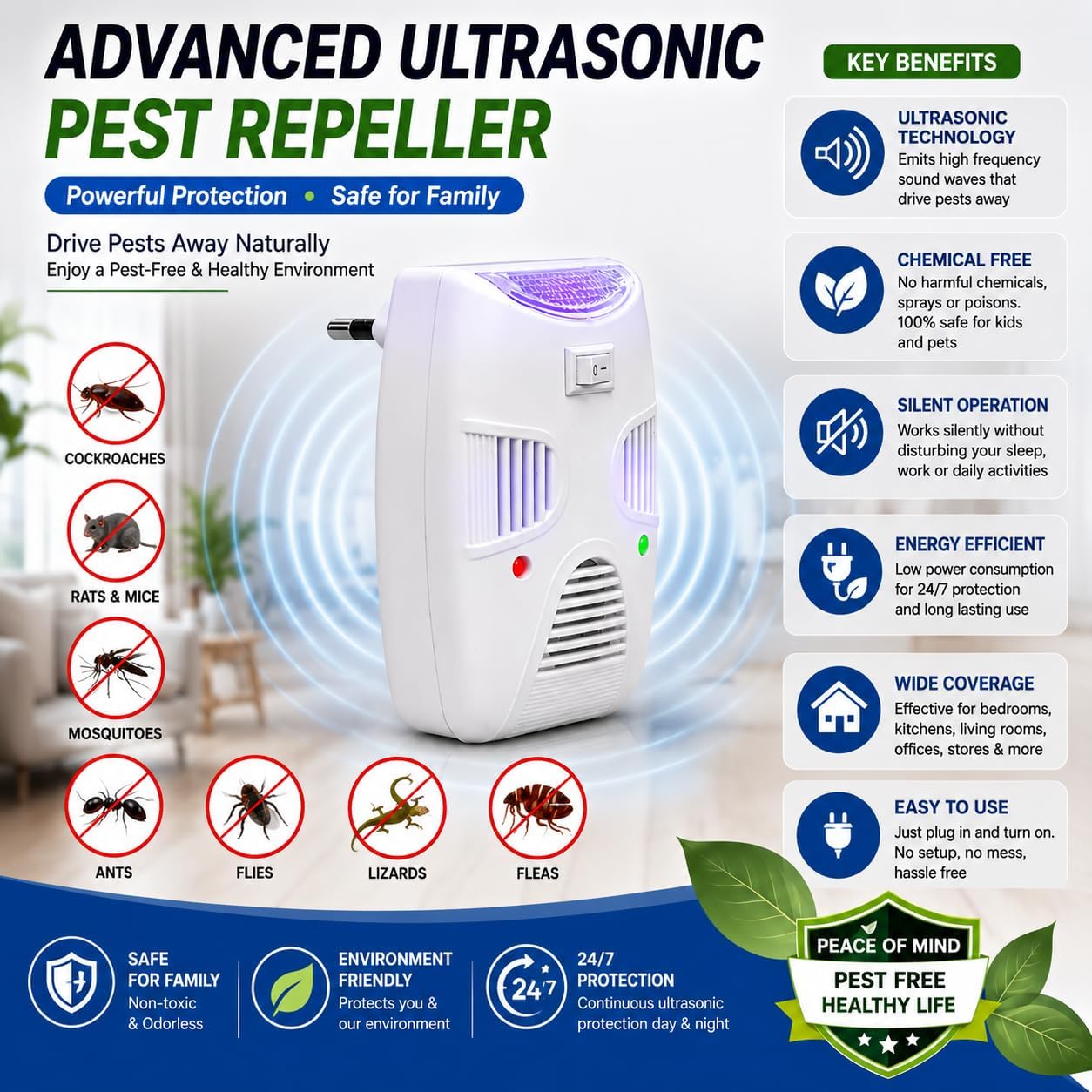 SHYAM INNOVATION Ultrasonic Cockroach, Pest Repeller for Rats, Mosquito & Insects | USB Powered Electronic Pest Control Device | Chemical Free Indoor Pest Repelling Machine for Home & Office 2