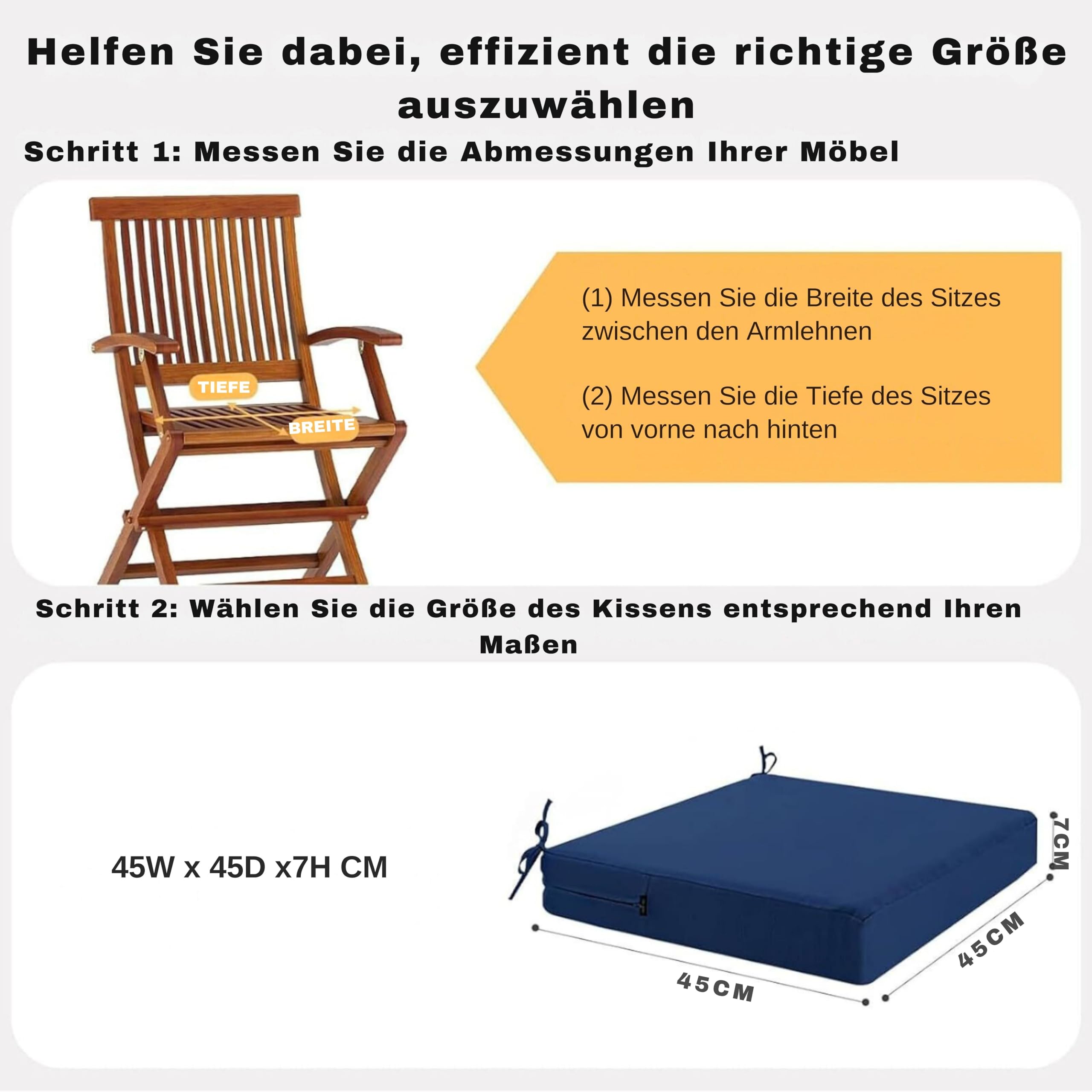 Set di 2 cuscini per sedia, 45 x 45 cm, per esterni, in schiuma impermeabile, per esterni, da terrazza, con nastri, per sala da pranzo, blu marino