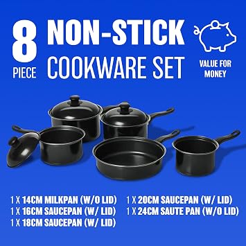 Non Stick Cookware Sets - Multi Purpose, Kitchen Cooking Pans | Kitchenware, Strong & Durable Carbon Steel with Cool Bakelite Handles, Milk Pan Saucepan (8pc Non Stick Milk Pan Cookware Set)