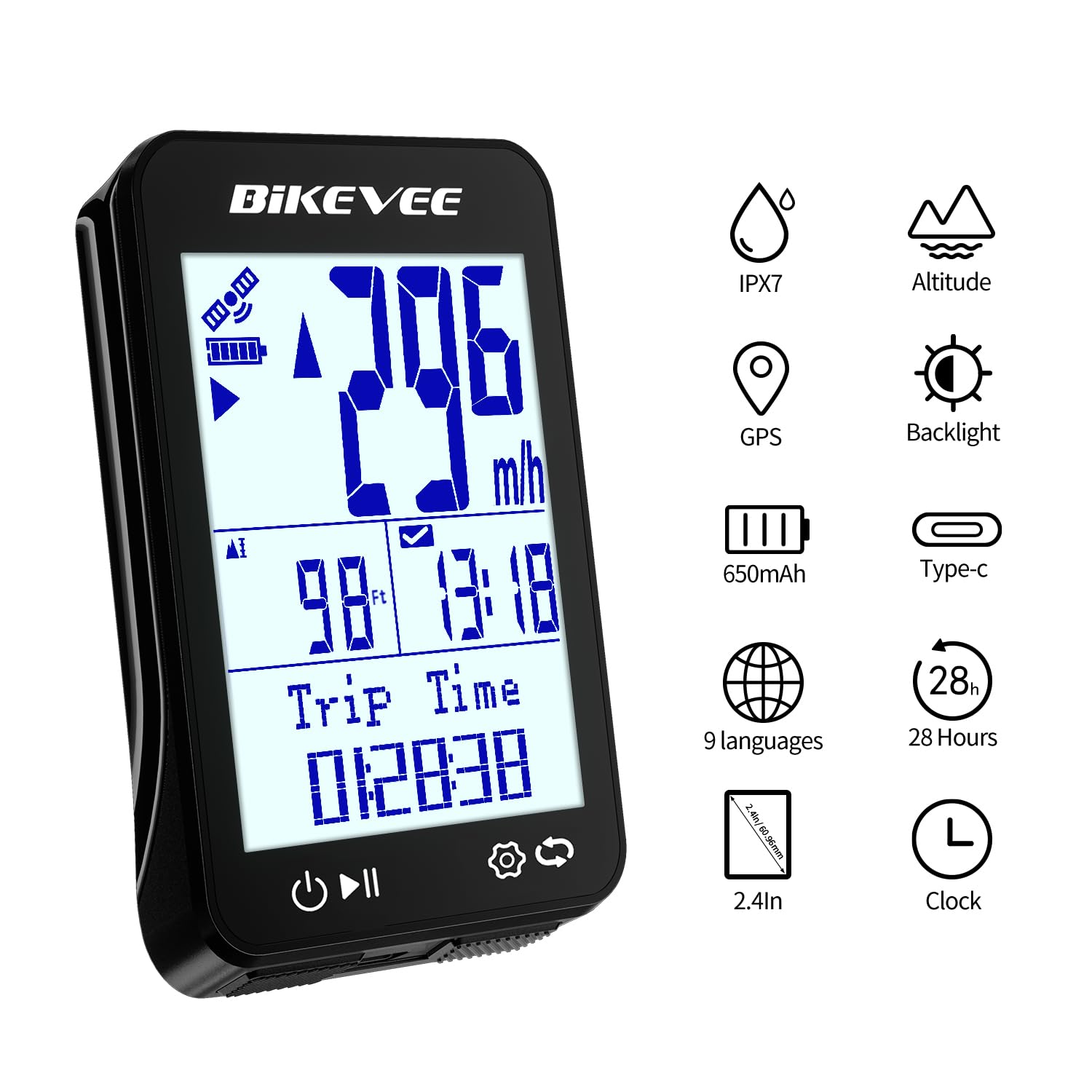 Computer GPS per bicicletta wireless con avvio/arresto automatico e retroilluminazione automatica, contachilometri impermeabile IPX7 per bicicletta MPH KM/H, 2,4 pollici LCD Ciclismo