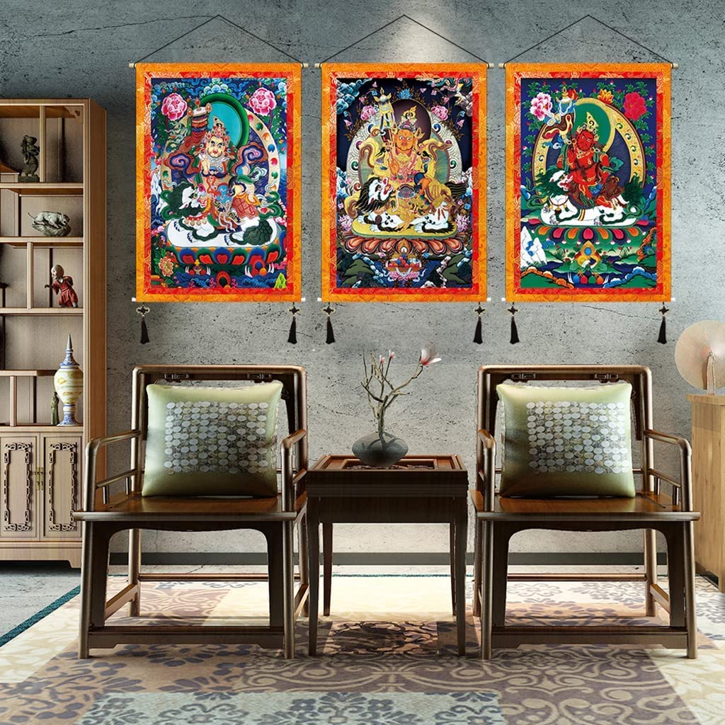 YTBHSHXZ Tibetische Thangkas, Wandteppich mit Thangka-Motiv des Gottes Reichtums, Quasten, tibetische Stoffteppiche, klassisches Design Holzband(5)
