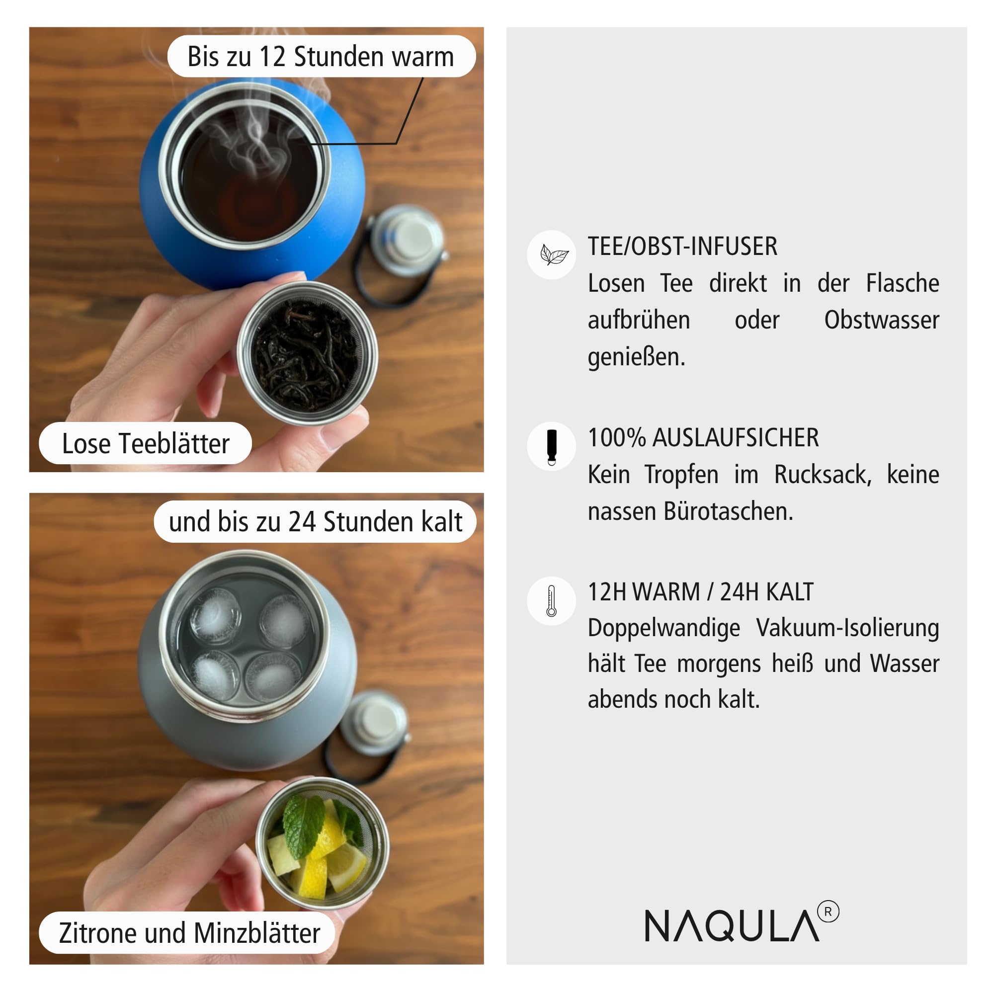 Termo NAQULA con asa y colador extraíble para té o frutas. Botella de acero inoxidable a prueba de fugas, apta para bebidas carbonatadas, termo caliente y frío (negro, 1000 ml)