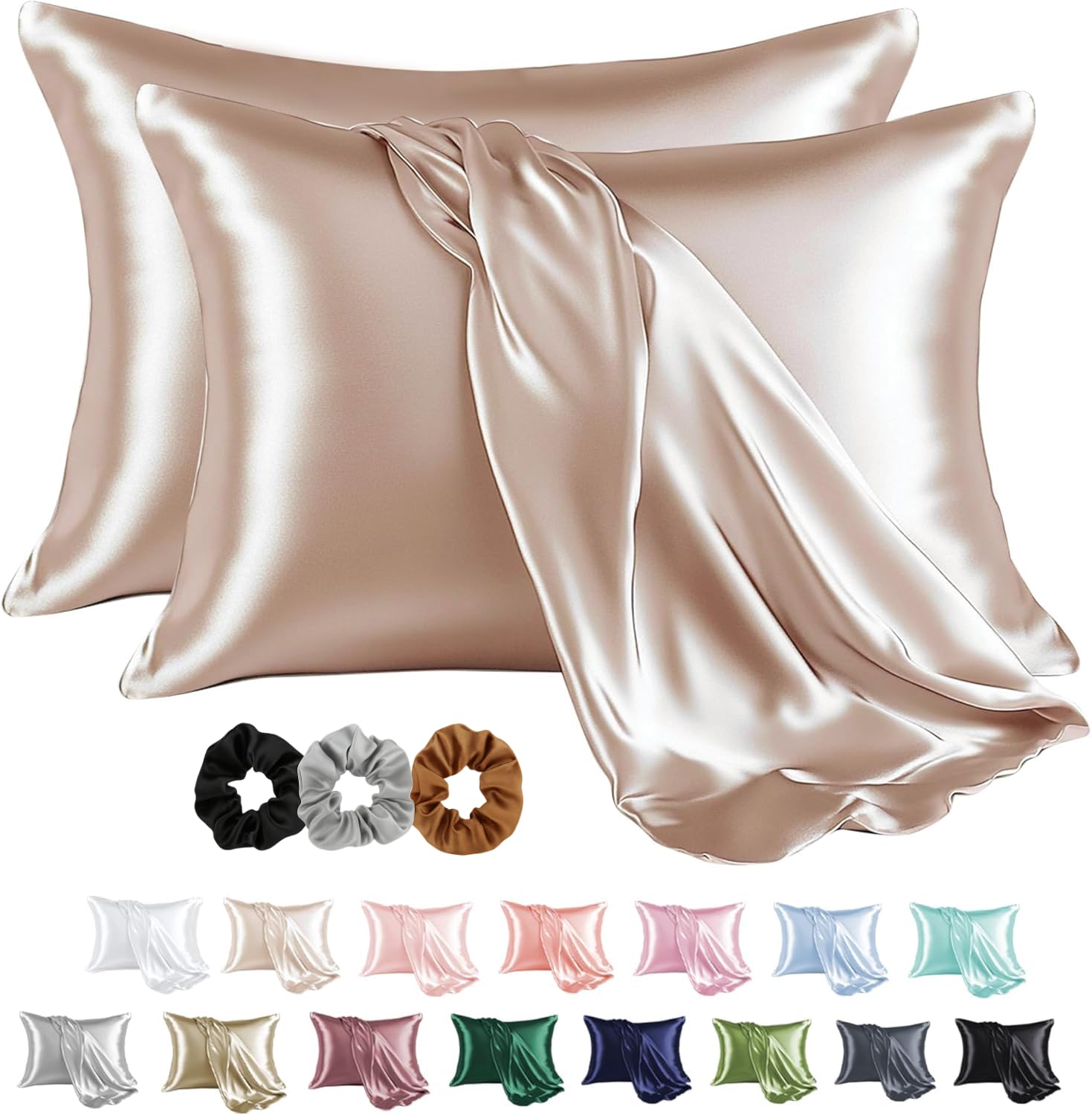 Craftelio® 2 Pcs Satin Pillow Covers for Hair & Skin with 3 Free Scrunchies – Soft, Cooling, Silk-Like Pillowcases Standard Size for Women & Men, Anti-Frizz, Breathable & Gift-Ready (Beige)-image-32