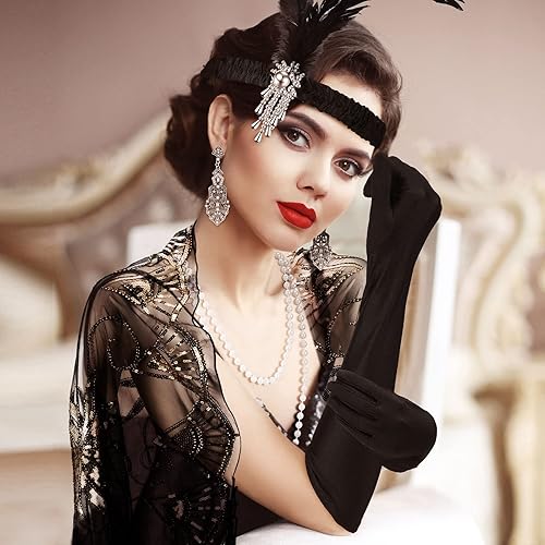Miniatura 4 de Zhanmai 5 Pcs 1920s Accessories Set Flapper Feather Headband Pearl Necklace Earrings Gloves Fringed Cape Scarf for Women
