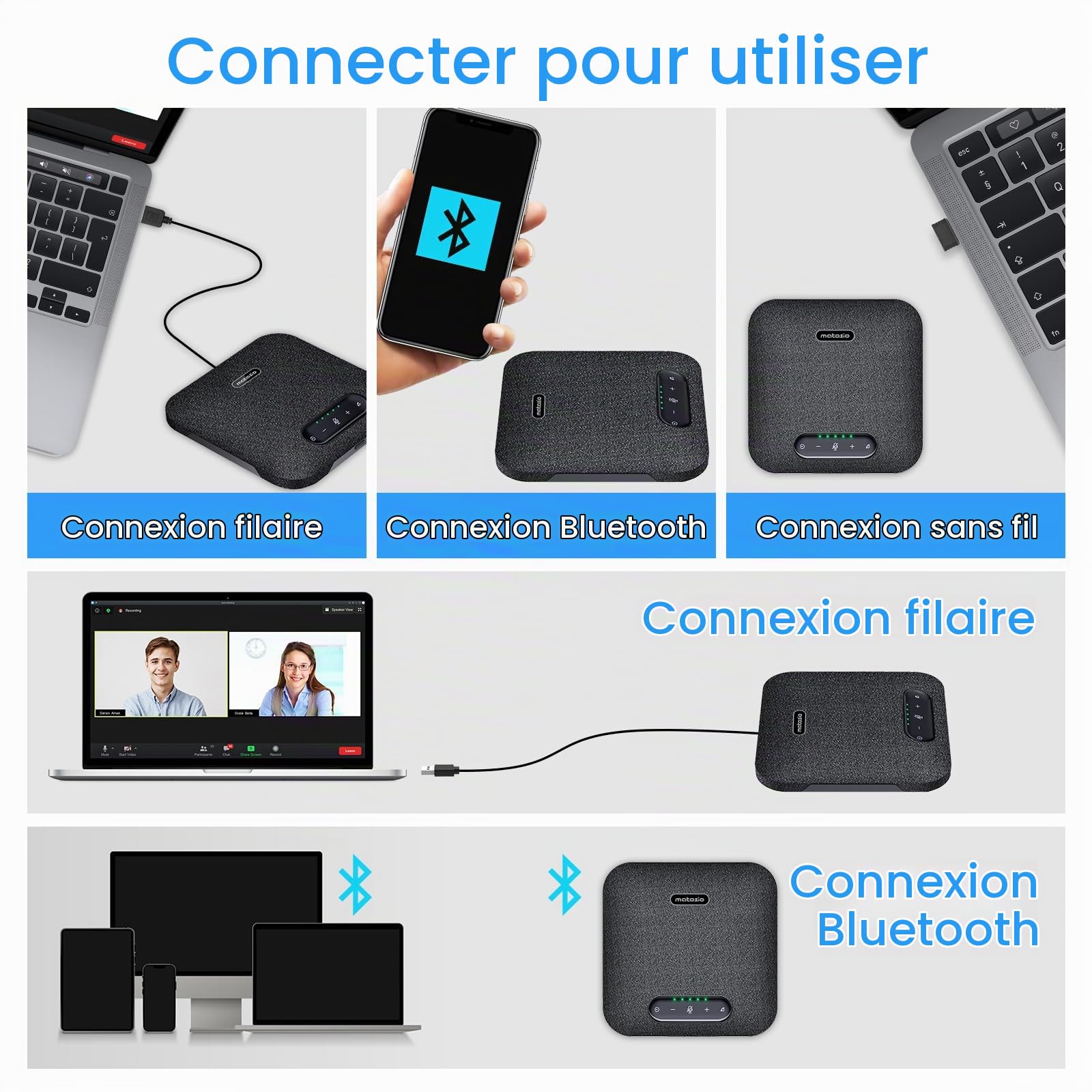 Octopus Pro Haut-Parleur et Microphone de conférence Bluetooth et USB, avec 2 Microphones d'extension, la Prise de Voix à 8 mètres, Compatible Zoom/MS Teams, pour Salle de conférence