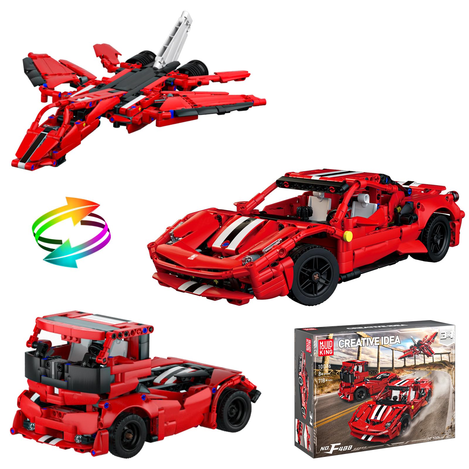 Mould King 10076 Speed Champion 3 in 1 Supersportwagen Bausteine Set Klemmbausteine LKW Flugzeug Spielzeug MOC Sammlerstücke Geschenke für Erwachsene und Jugendliche (718 Teile)
