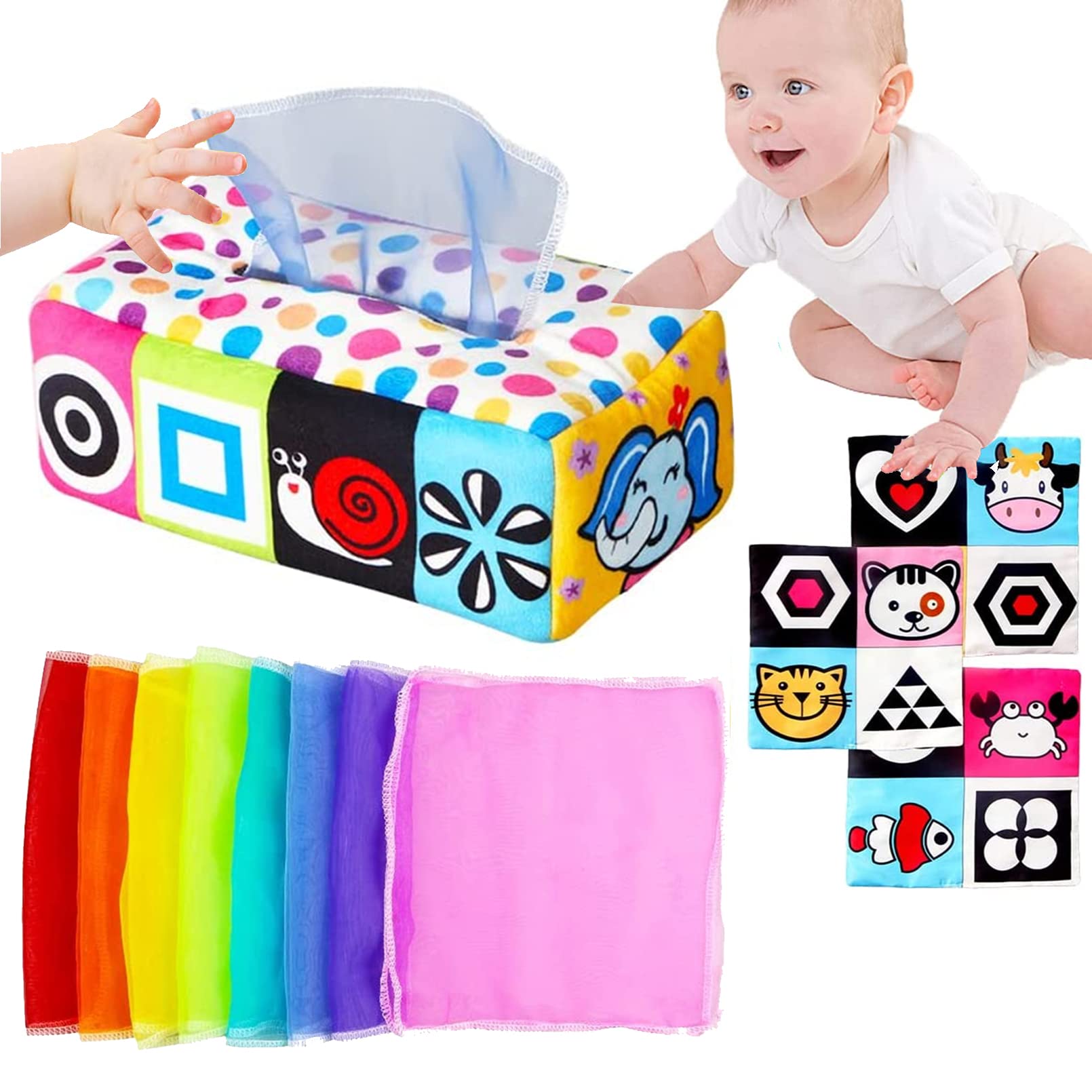 AM ANNA Baby Tissue Box 0-6 Months Old Toys,Montessori Toys for Babies 6-12 Months,Baby Sensory Toys Crinkle Toys for Baby,Infant Newborn Toddlers Soft Stuffed Kids Preschool Learning Gift(Multicolor)