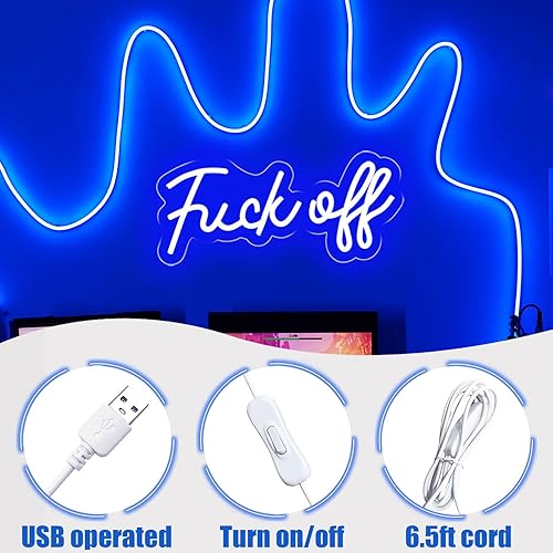 Miniatura 5 de Letrero de neón con texto en inglés "Fuck Off", letreros de neón azules para decoración de pared, funciona con USBinterruptor, divertido letrero de
