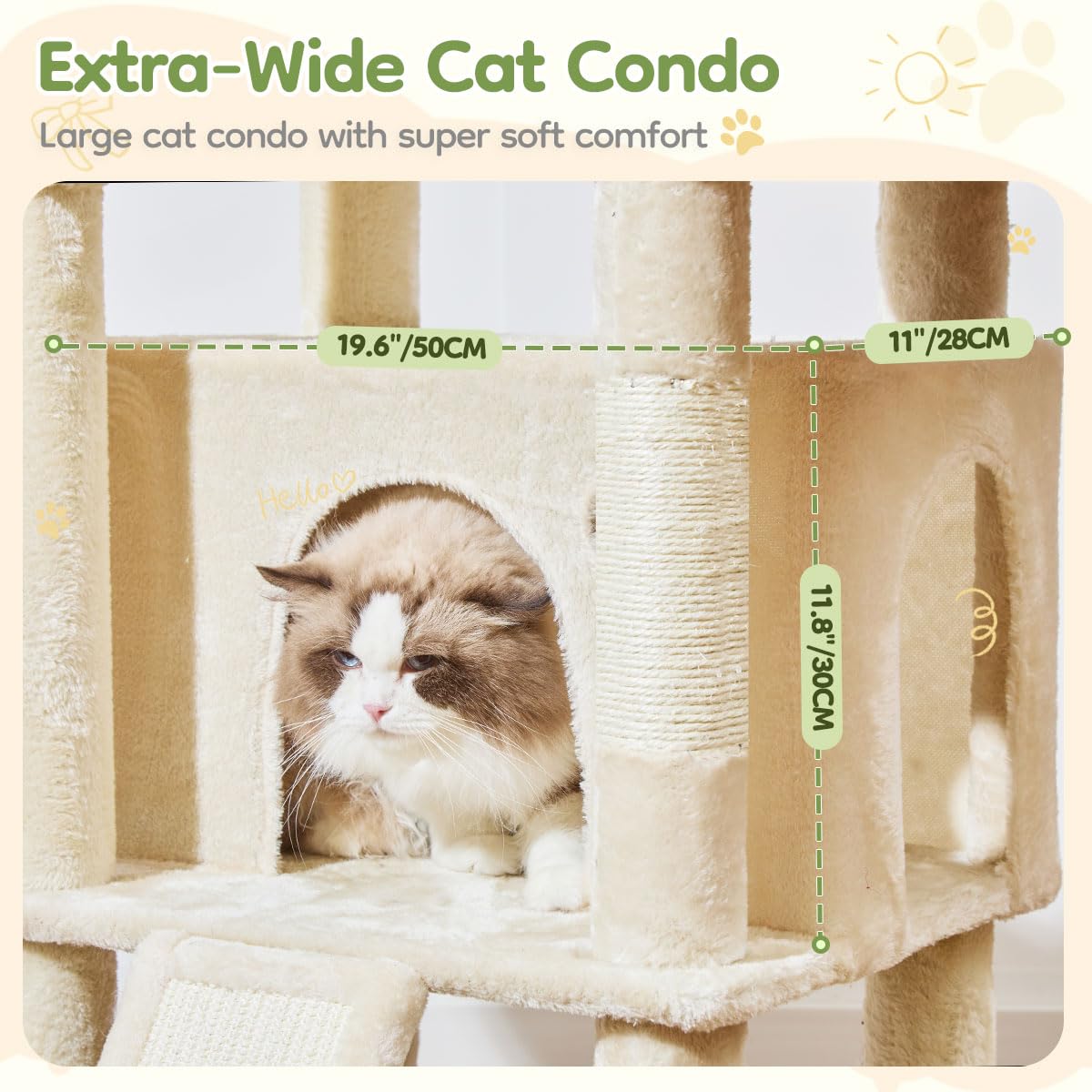 Taoqimiao Arbre à Chat 183 cm pour Grands Chats, Niche Large, Grand Panneau à griffer, 5 poteaux à griffer, hamac à Cadre métallique, Panier Confortable, MS045M Beige