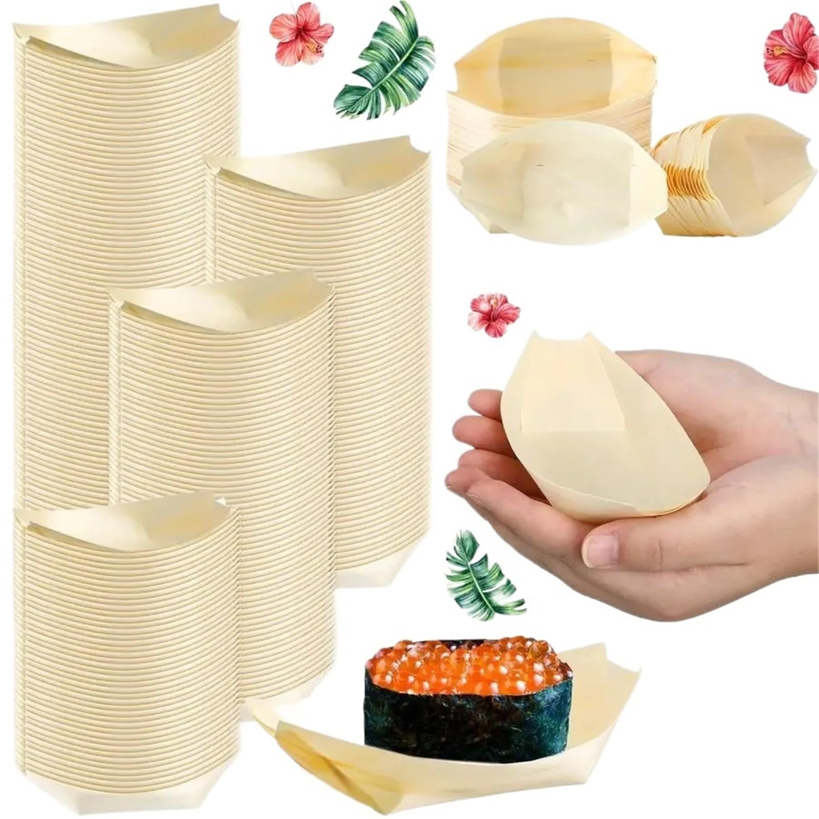 500 Pcs Bamboo Boat Plates Disposable Wooden Charcuterie Leaf Sushi Serving Tray