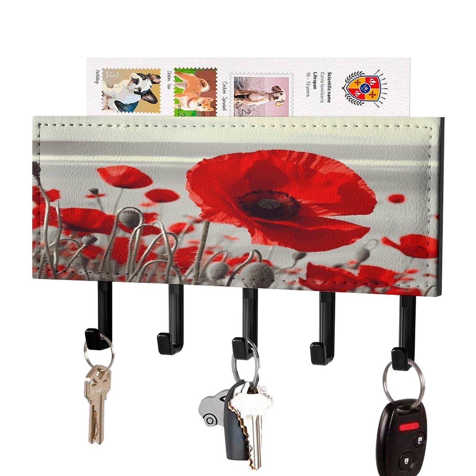 FekiLoot Red Poppy Flower Key Holder Wall Mount Decorative Key and Mail Holder with 5 Hooks Key Hanger Organizer Pu Key Rack Decorative Home Decor for Wall Living Room Entryway Office Black-Style