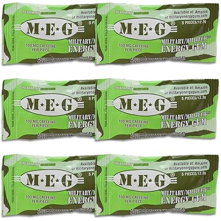 MEG - Military Energy Gum | 100mg of Caffeine Per Piece + Increase Energy + Boost Physical Performance + Spearmint 6 Pack (30 Count)