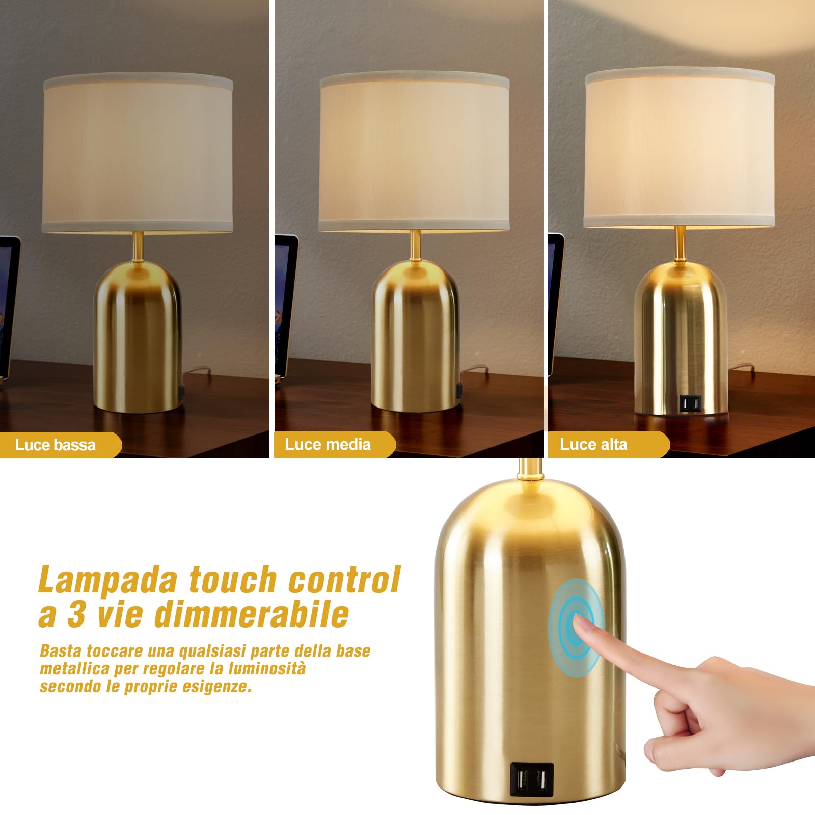 GyroVu Lampada da comodino con porta USB, lampada da tavolo con controllo touch per camera da letto, dimmerabile a 3 livelli, lampada moderna con paralume in tessuto e base dorata per soggiorno