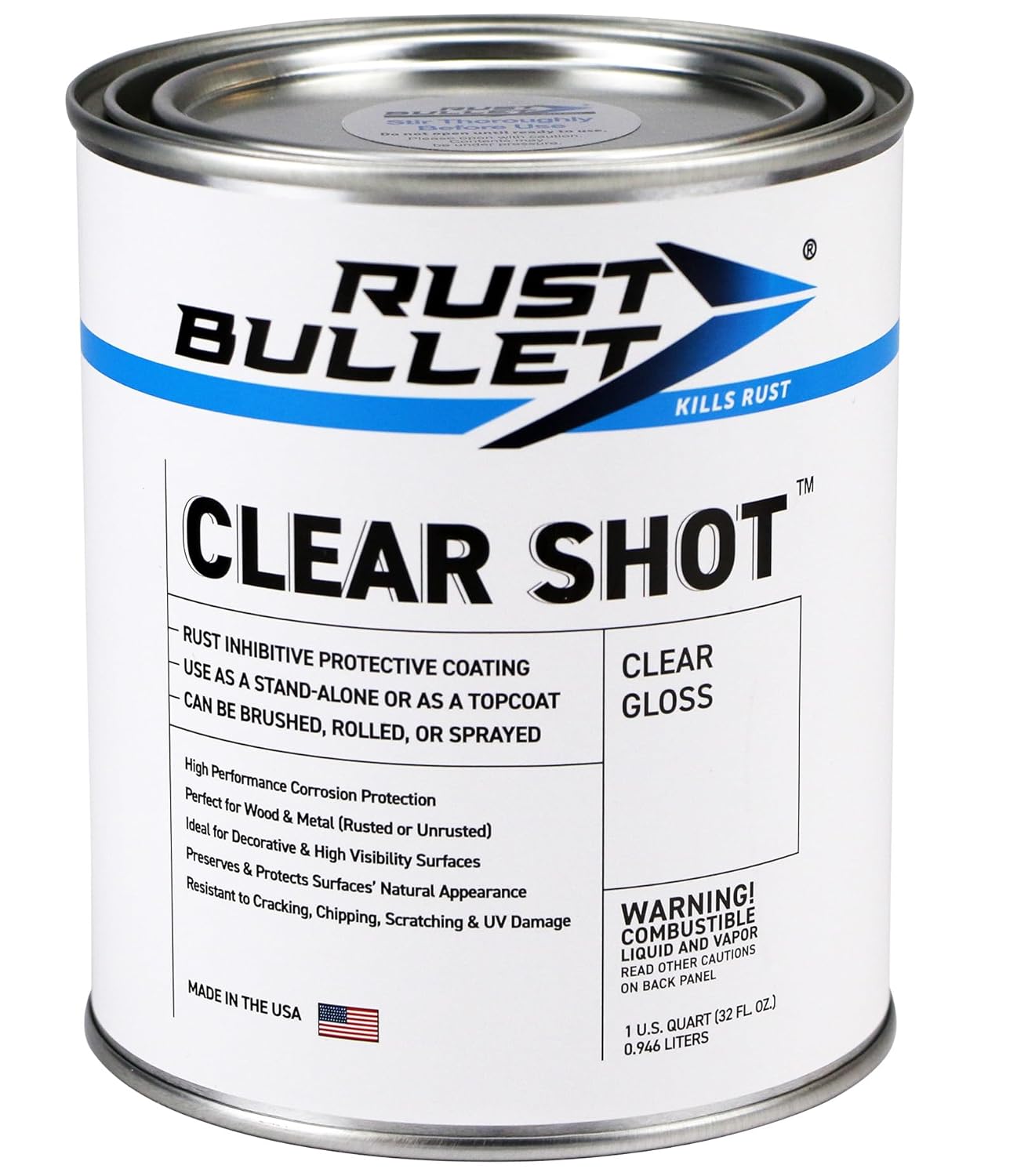 RUST BULLET Clear Shot - Clear Gloss - 1 Quart - Clear Coat for Automotive, Wood, & Metal Projects, UV Resistant Coating Won't Crack, Chip, Peel or Yellow