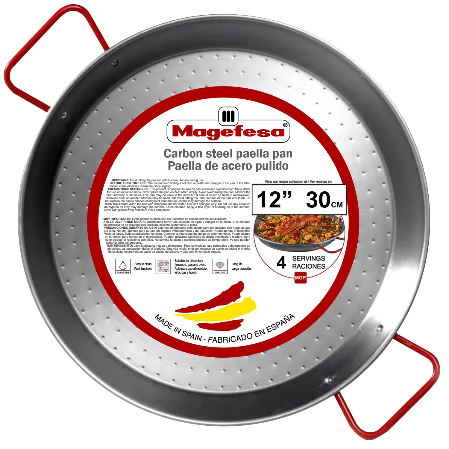 Magefesa 12" Carbon Steel Paella Pan – 30 cm - 4 Servings, Durable & Lightweight with Dimpled Surface, Ideal for Outdoor Cooking & Traditional Valencian Paella