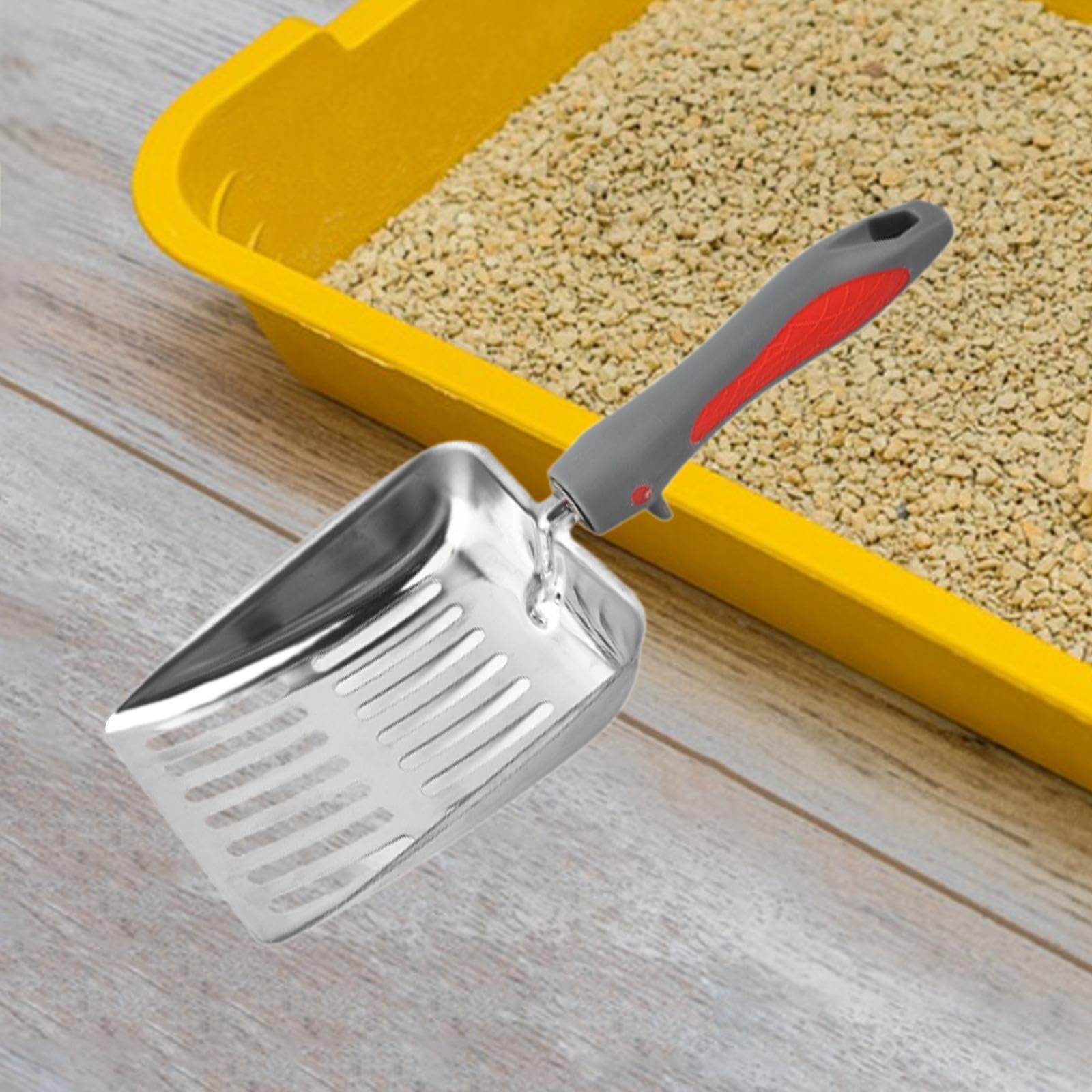 MYCENSE Cat Litter Kitten Waste Lifter Cleaner Tool Mesh Screen Fecal Spoon Stainless Steel Litter Boxes er for Kittens, red Gray