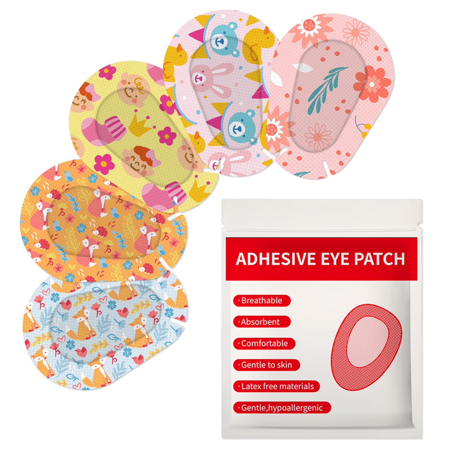 AndicAge 90pcs Adhesive Eye Patches for Kids Light Blocking Cute Design Breatnable Adhesive Bandages for Toddler, 5 Styles