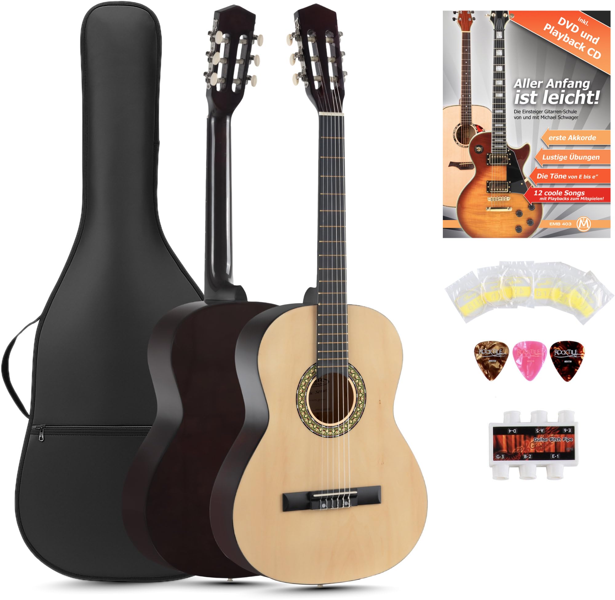 Classic Cantabile Acoustic Series AS-851-L Chitarra Classica 7/8 per Mancini Starter-SET (chitarra da concerto, borsa/custodia, scuola, CD, DVD, plettro, corde, diapason) naturale