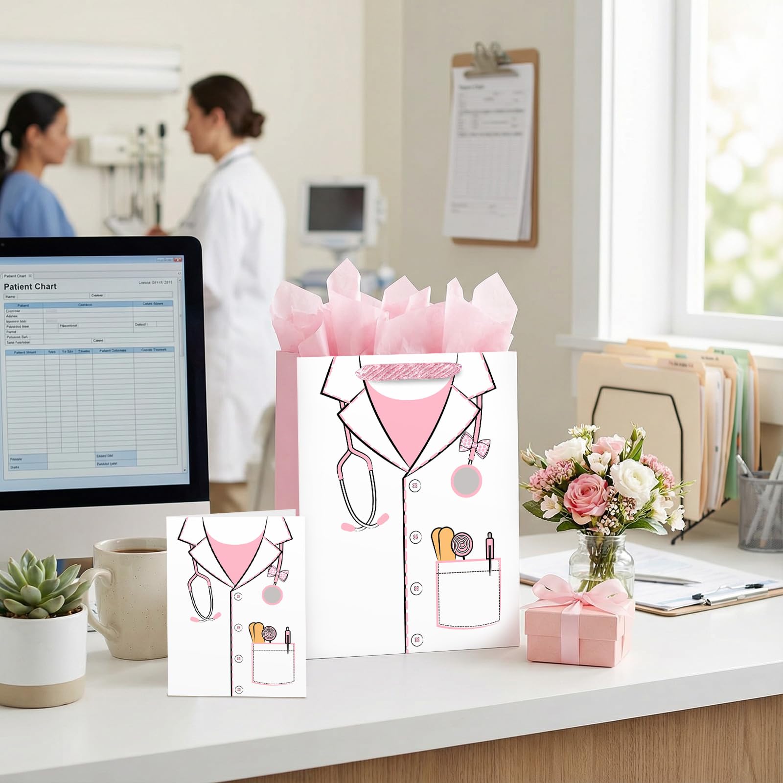 Loveinside 13" Large Pink Nurse Gift Bag for Wmen, Pink Medical Uniform Design Gift Bag with Tissue Paper, Crad for Nurses, Doctor, Nursing Graduation, Medical School, Thank You, 10" x 5" x 13", 1 Pcs