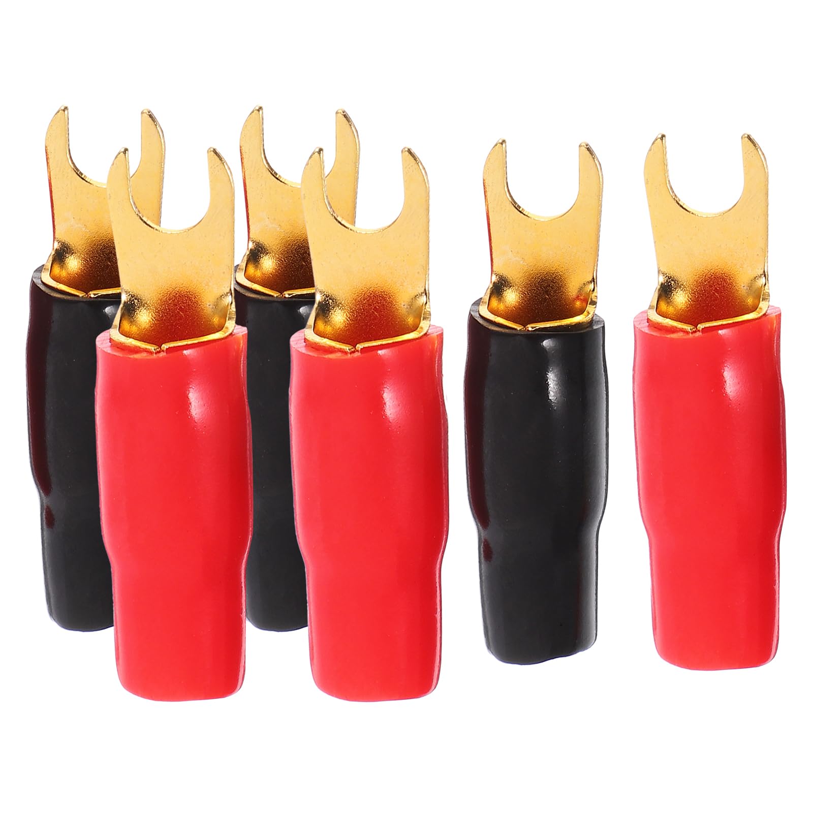 MUCKLILY 3 Pairs Copper Gold Plated 0 Gauge Spade Terminal Crimp Connectors - Heavy Duty Crimp Barrier Spades for Speaker Wire, Red and 100 Pcs