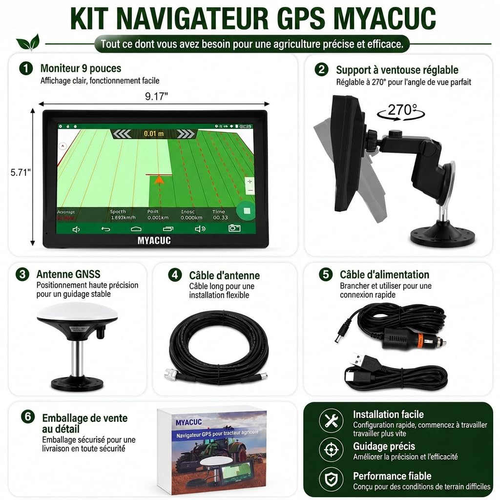 Navigateur GPS pour Tracteur pour l’Agriculture de Précision, Navigateur Agricole GNSS avec Écran Tactile de 9", Adapté à la Pulvérisation, au Labour et au Semis, Positionnement Automatique