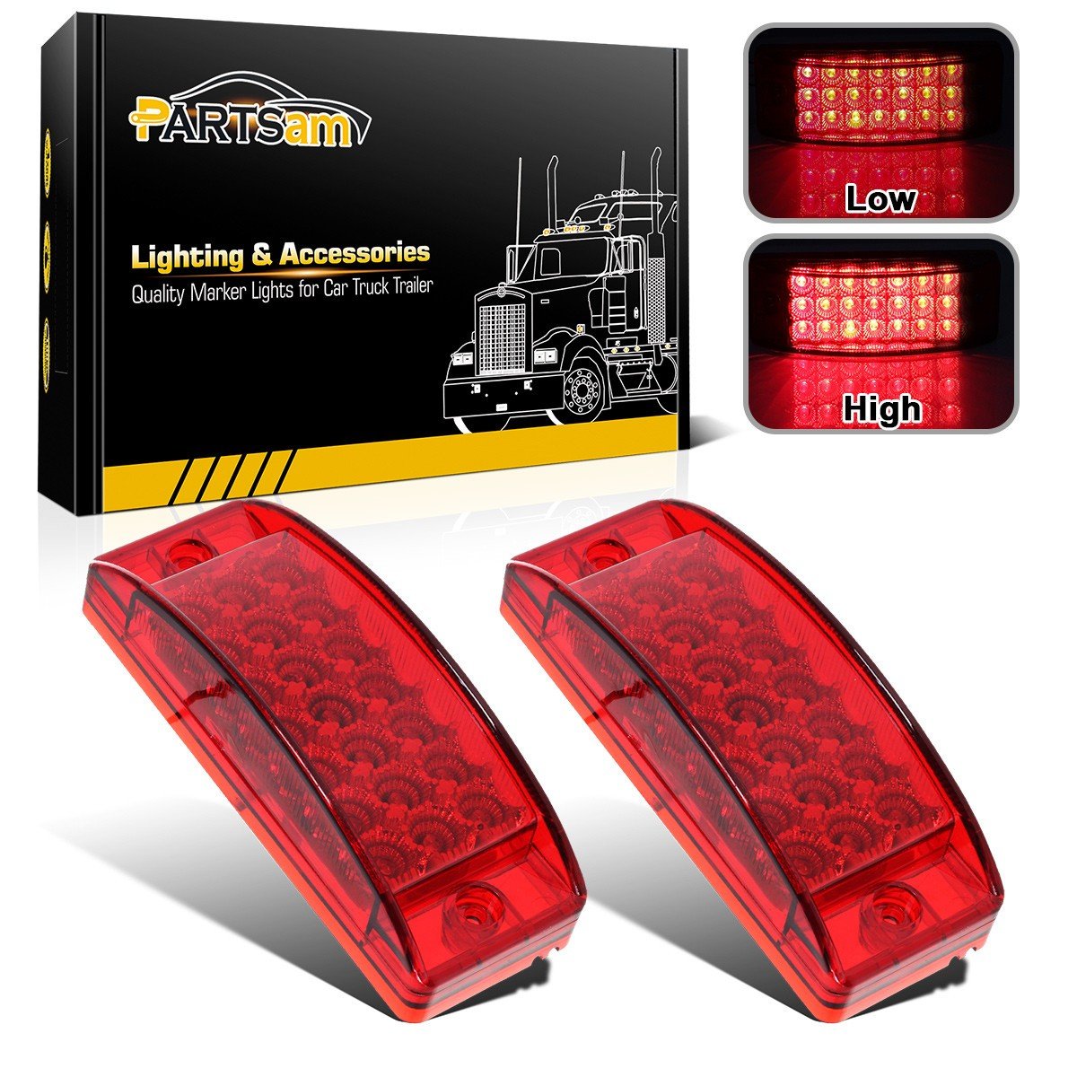Partsam 2Pcs Red 6" LED Rectangle Side Marker and Clearance Trailer Lights 21 Diodes with Reflectors Waterproof 12V Sealed 6x2 Rectangular Led Stop Turn Tail Brake Lights Dual Mode Surface Mount
