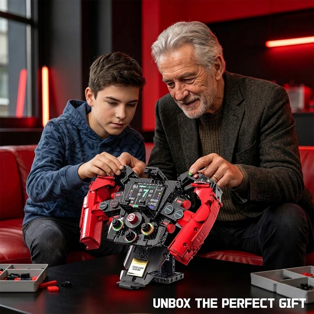 Juego de construcción de volante de simulador de carreras, simulador de fórmula mecánica, kit de modelo coleccionable con piezas móviles y soporte para teléfono para niños de más de 14 años