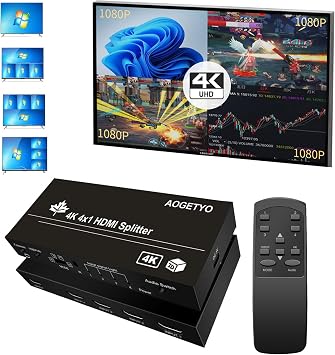 4K HDMI Switch, 4K hdmi switcher 4 in 1 Out, IR Remote Control+Button Press, HDMI Splitter with 5 Modes Displays 1 Full Screen+4 Kinds Four Split, Support 3D HDCP2.2, Audio Extractor for PS4/5/PC/DVD