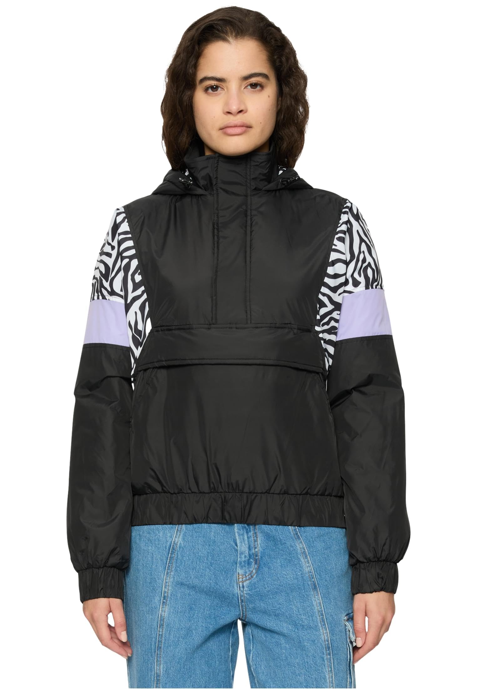 Urban Classics Women's Ladies AOP Mixed Pull Over Jacket, Black/Zebra, M