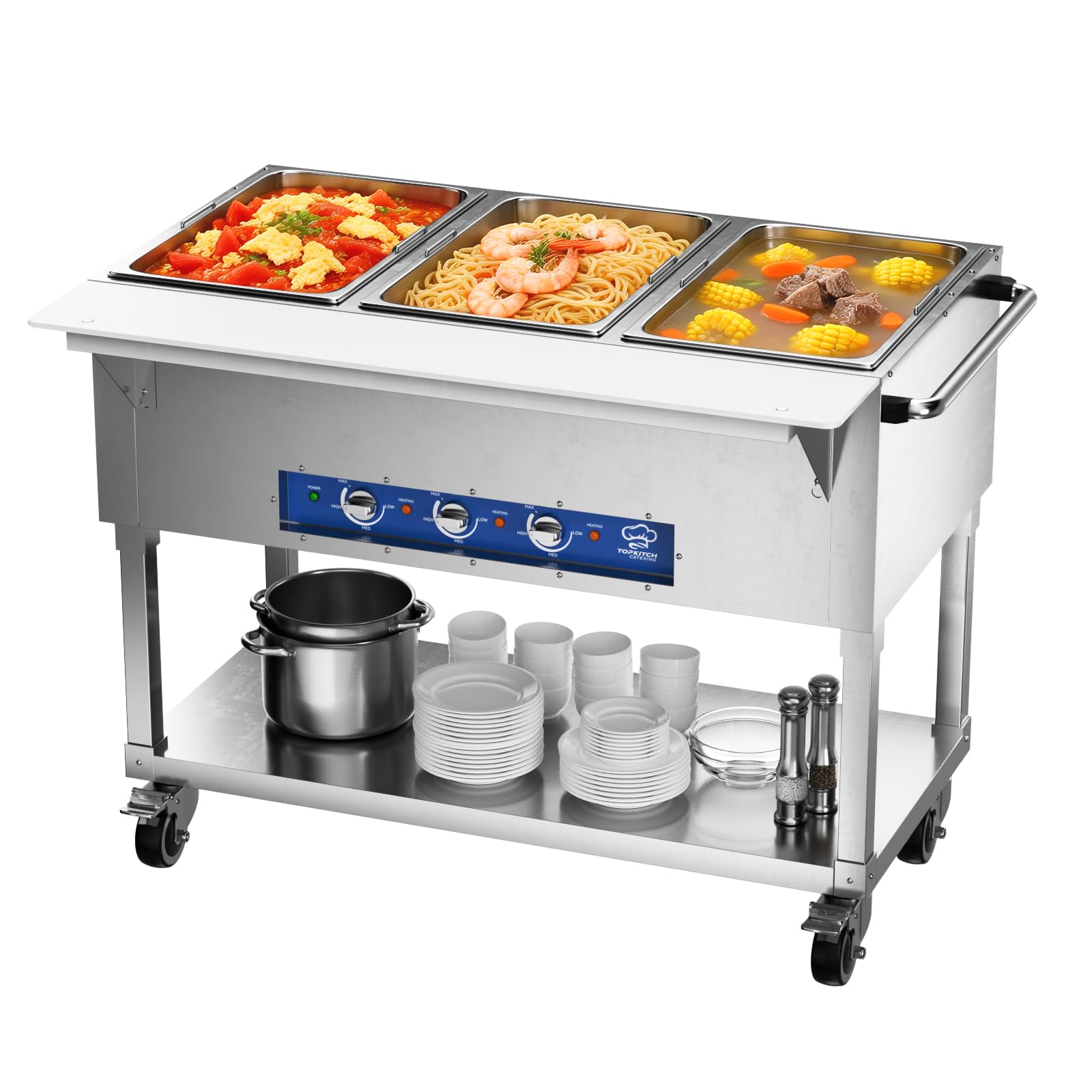 Photo 1 of TOPKITCH Commercial Electric Food Warmer Soup Station - 3 Independent 19.5L Pans with German EGO Thermostat, Rolling Stand with Adjustable Shelves for Restaurant, Catering, Party (factory sealed)