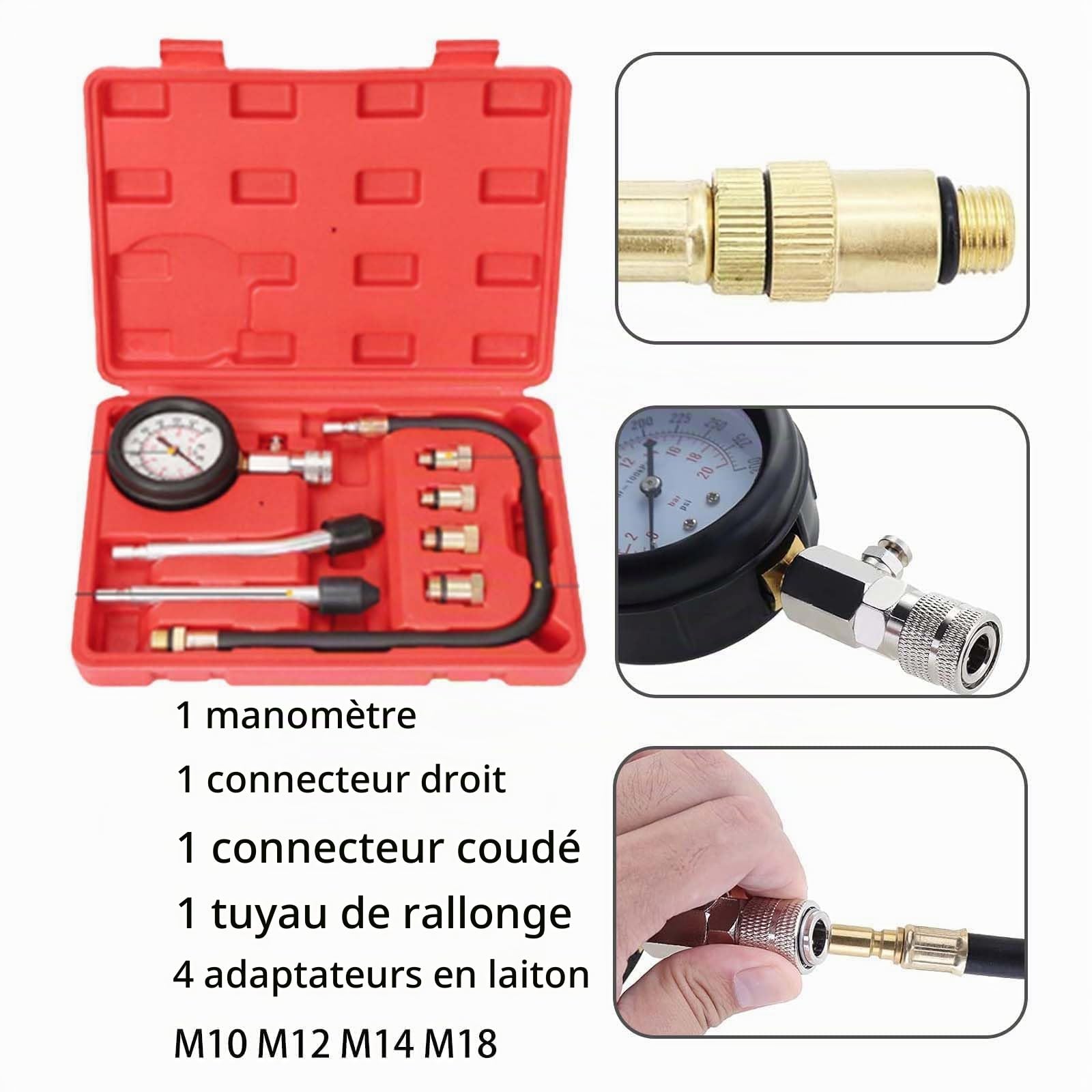 Testeur de Compression de Cylindre,Testeur de Compression Moteur,Compressiometre Essence et Diesel,0-300 PSI/0-21 kg/cm2 Compressiometre Moto,Pour Voiture et Moto M10 M12 M14 M18
