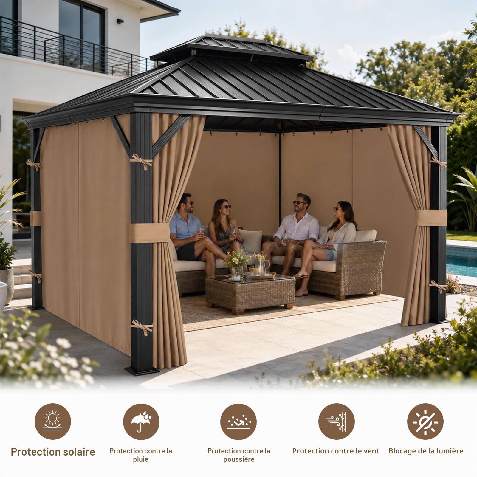 Rideaux Extérieurs de Rechange Imperméable pour Tonnelle 3 x 3 m, Toiles Latérales à 4 Panneaux Intérieur Extérieur Oxford 300D avec Fermeture Éclair, Crochets pour Pavillon, Pergola, Kaki